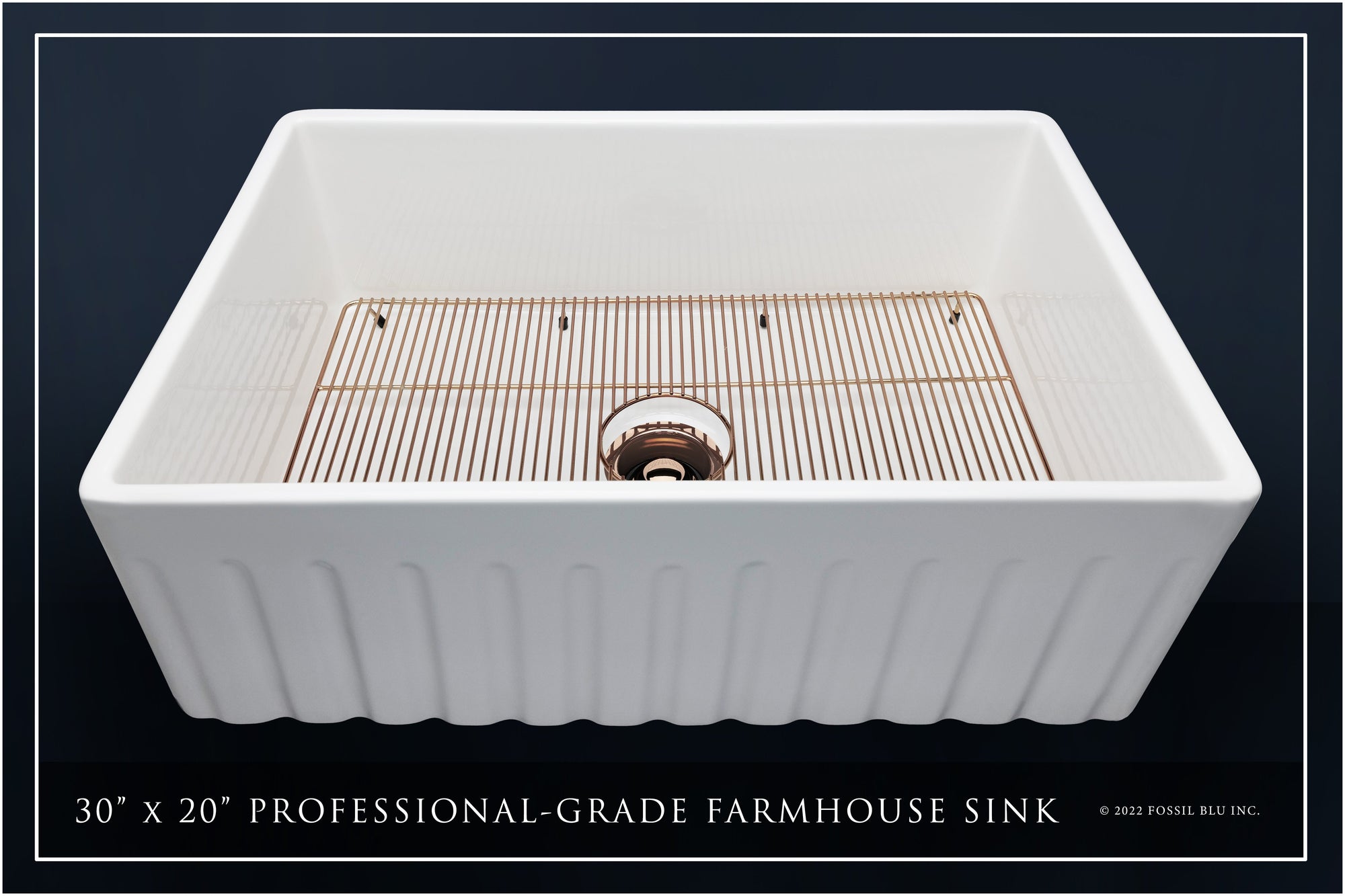 FSW1005RG LUXURY 30-INCH SOLID FIRECLAY FARMHOUSE SINK IN WHITE, POL. ROSE GOLD ACCS, FLUTED FRONT