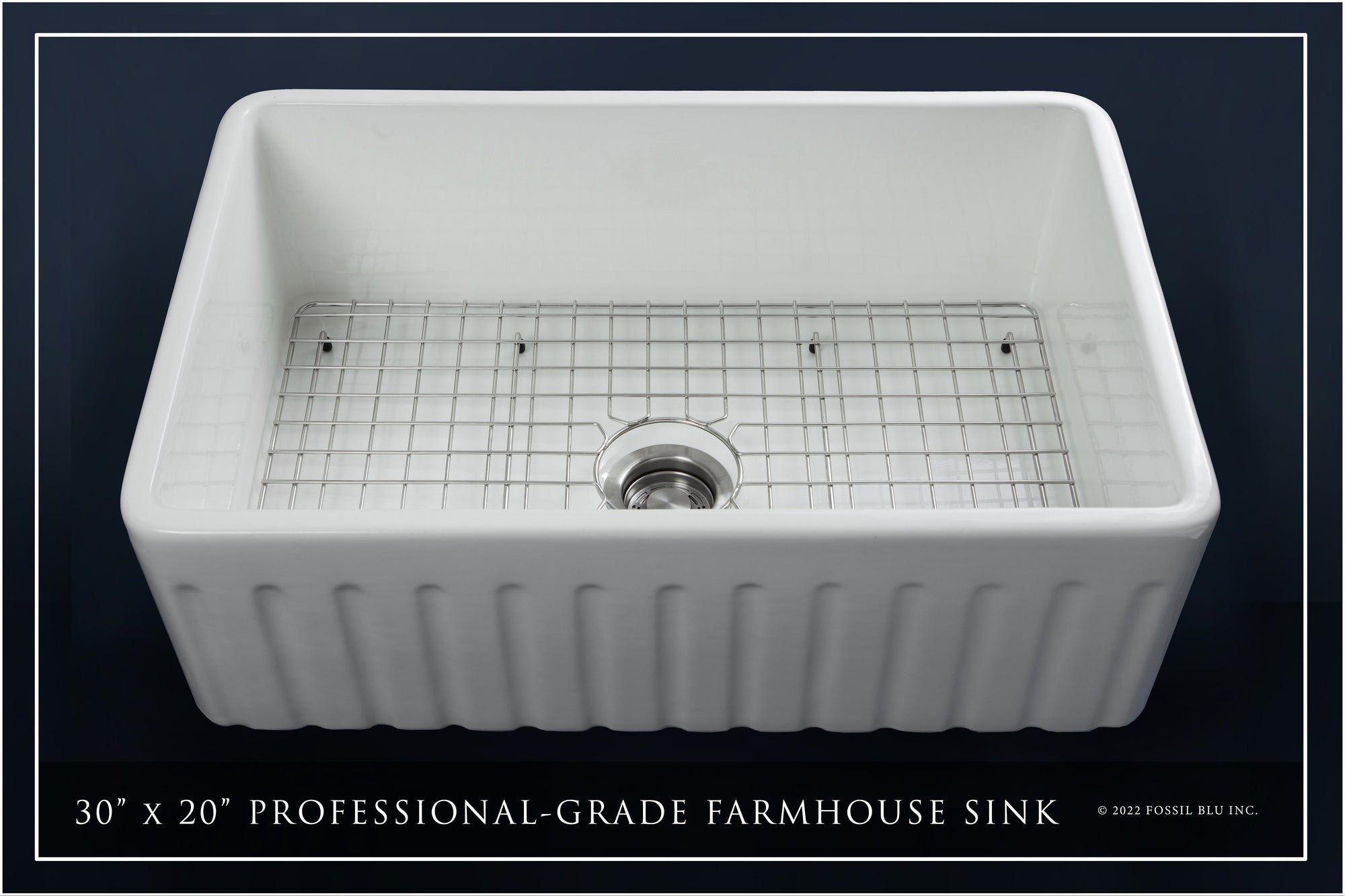 FSW1005 LUXURY 30-INCH SOLID FIRECLAY FARMHOUSE SINK IN WHITE, STAINLESS STEEL ACCS, FLUTED FRONT
