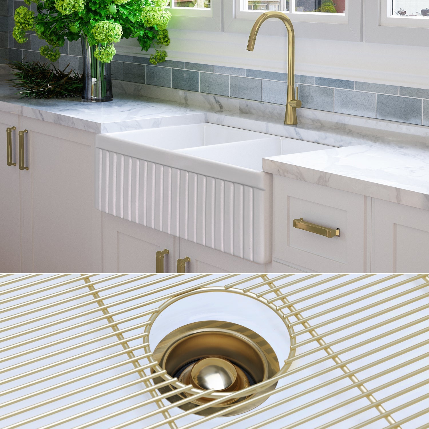 FSW1006BB LUXURY 33-INCH SOLID FIRECLAY FARMHOUSE SINK IN WHITE, MATTE GOLD ACCS, FLUTED FRONT