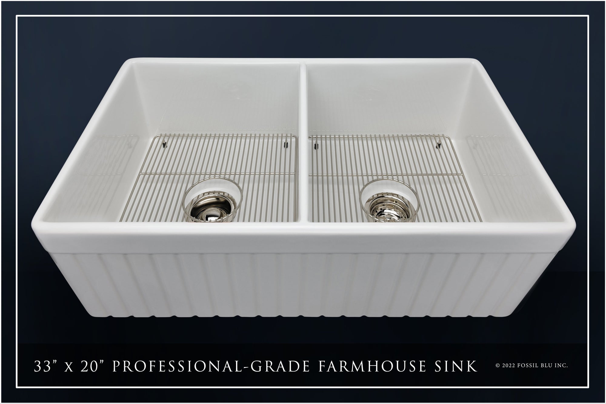 FSW1006PN LUXURY 33-INCH SOLID FIRECLAY FARMHOUSE SINK IN WHITE, POLISHED NICKEL ACCS, FLUTED FRONT