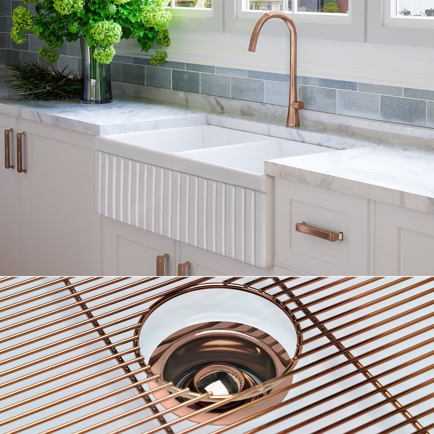 FSW1006RG LUXURY 33-INCH SOLID FIRECLAY FARMHOUSE SINK IN WHITE, POL. ROSE GOLD ACCS, FLUTED FRONT