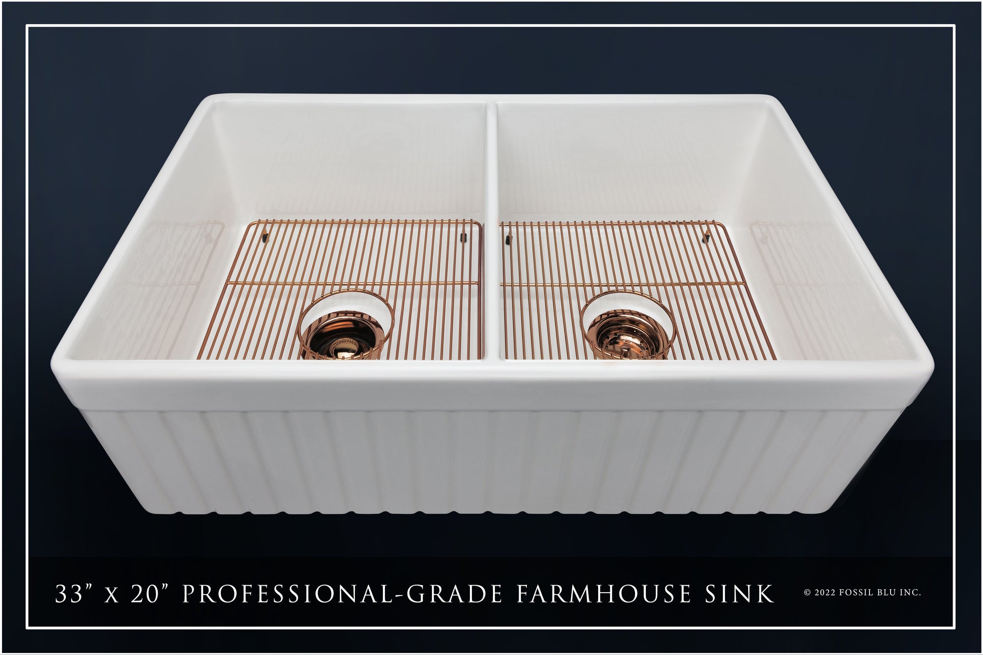 FSW1006RG LUXURY 33-INCH SOLID FIRECLAY FARMHOUSE SINK IN WHITE, POL. ROSE GOLD ACCS, FLUTED FRONT