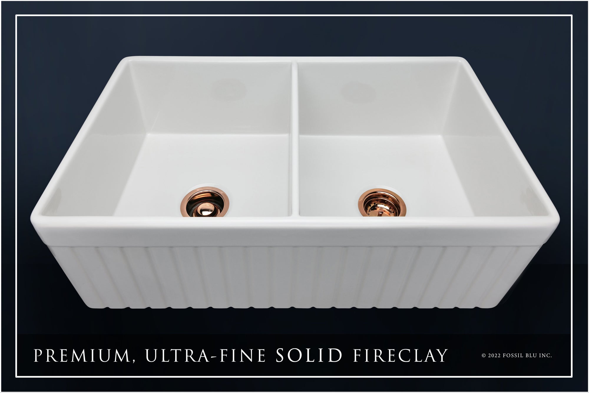 FSW1006RG LUXURY 33-INCH SOLID FIRECLAY FARMHOUSE SINK IN WHITE, POL. ROSE GOLD ACCS, FLUTED FRONT