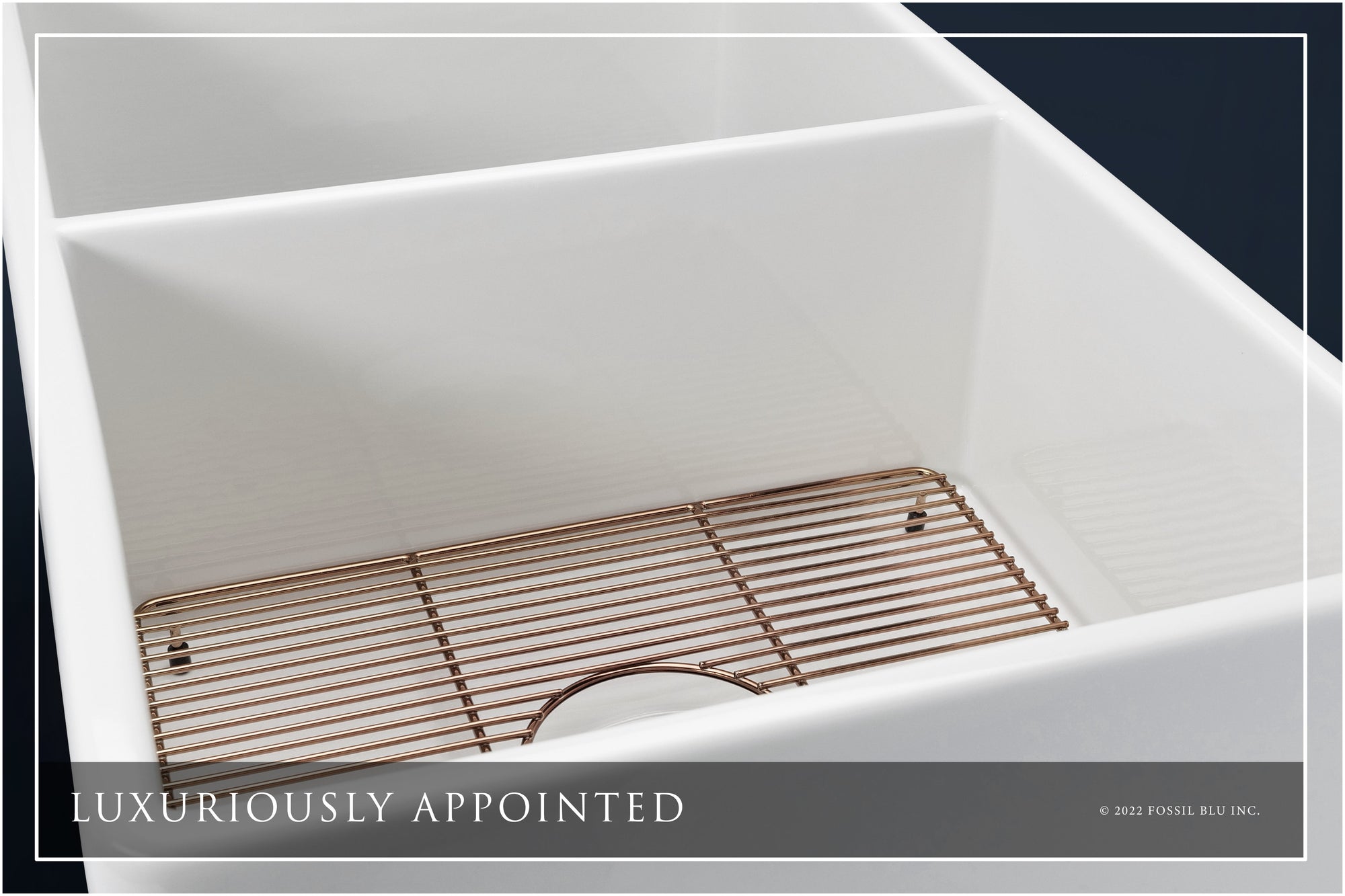 FSW1006RG LUXURY 33-INCH SOLID FIRECLAY FARMHOUSE SINK IN WHITE, POL. ROSE GOLD ACCS, FLUTED FRONT