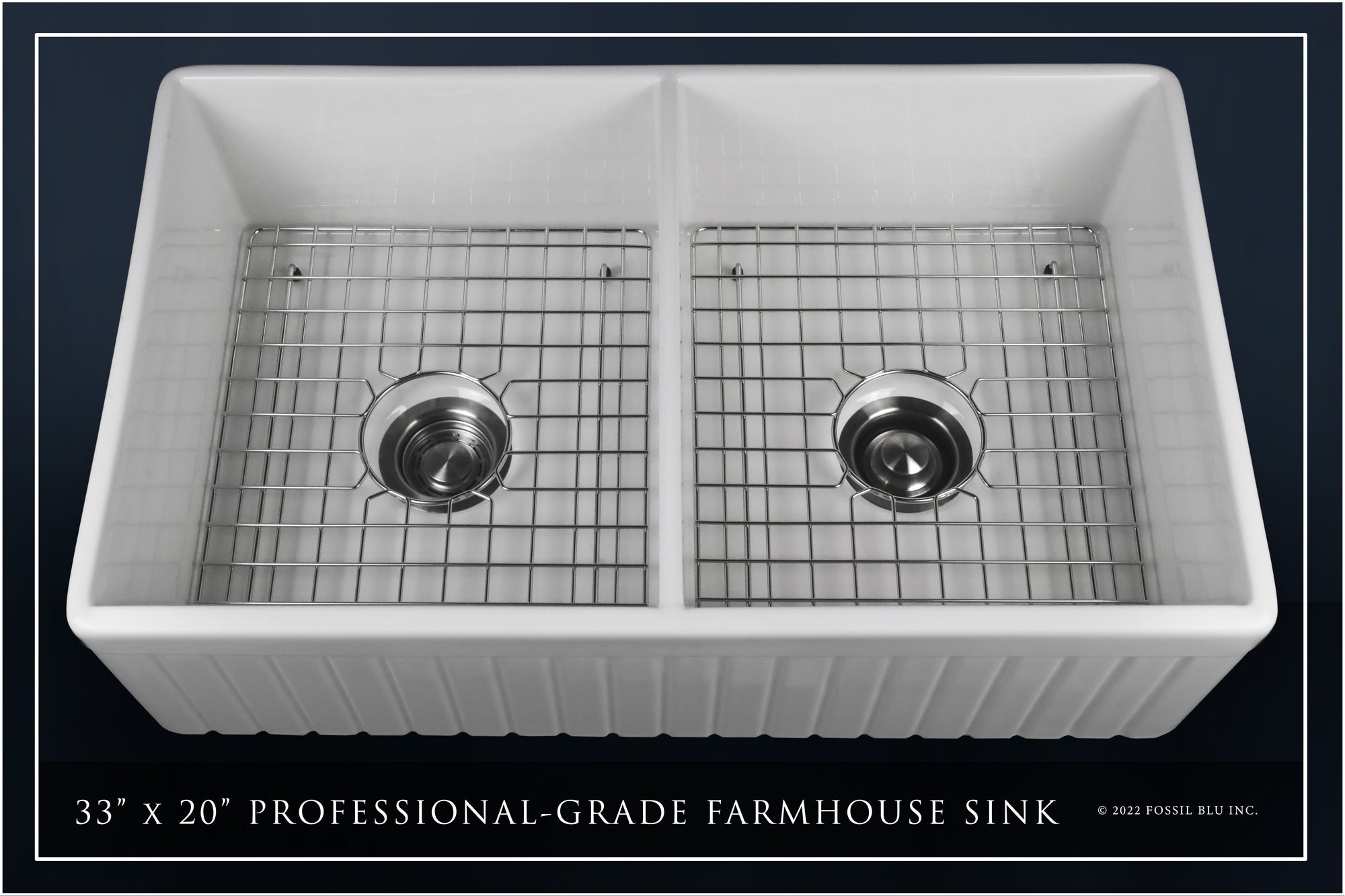 FSW1006 LUXURY 33-INCH SOLID FIRECLAY FARMHOUSE SINK IN WHITE, STAINLESS STEEL ACCS, FLUTED FRONT