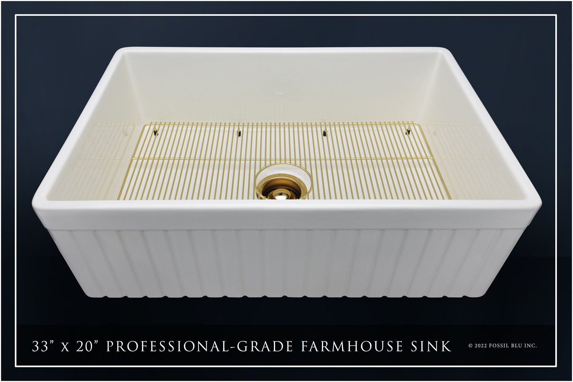 FSW1007BB LUXURY 33-INCH SOLID FIRECLAY FARMHOUSE SINK IN WHITE, MATTE GOLD ACCS, FLUTED FRONT
