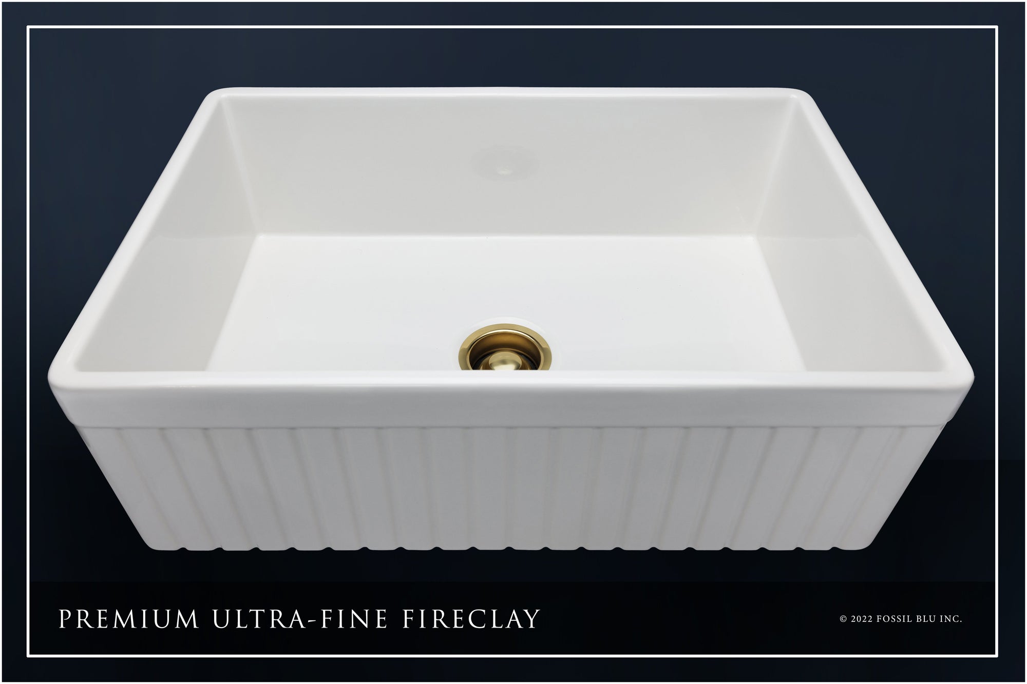 FSW1007BB LUXURY 33-INCH SOLID FIRECLAY FARMHOUSE SINK IN WHITE, MATTE GOLD ACCS, FLUTED FRONT