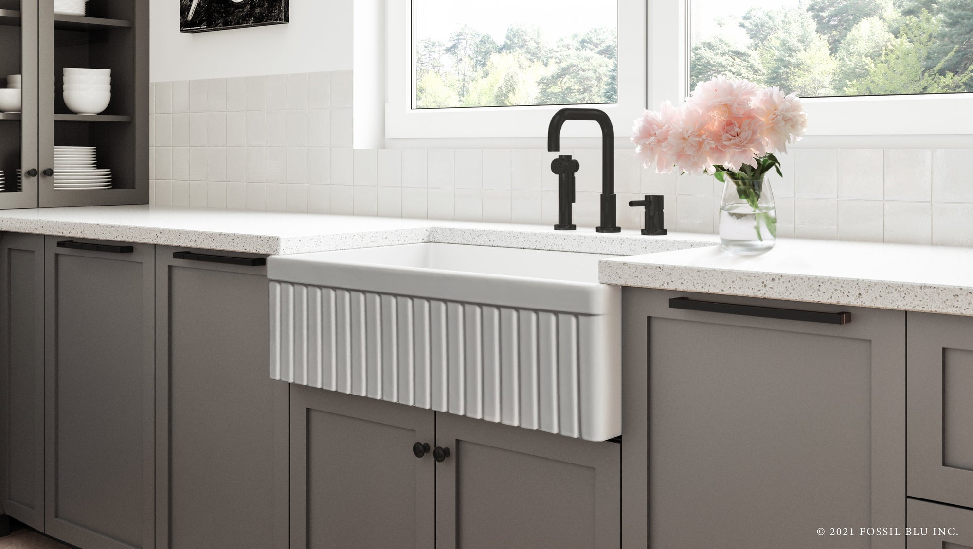 FSW1007MB LUXURY 33-INCH SOLID FIRECLAY FARMHOUSE SINK IN WHITE, MATTE BLACK ACCS, FLUTED FRONT