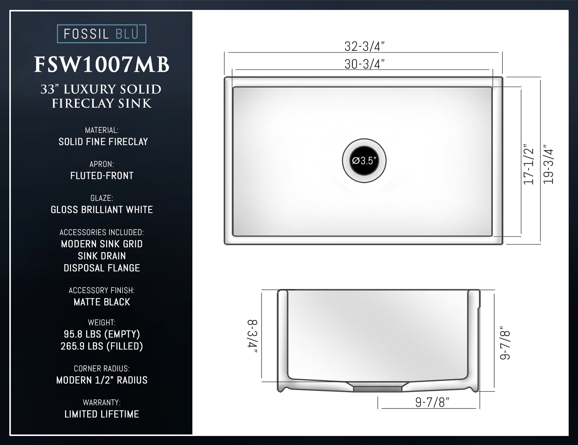 FSW1007MB LUXURY 33-INCH SOLID FIRECLAY FARMHOUSE SINK IN WHITE, MATTE BLACK ACCS, FLUTED FRONT