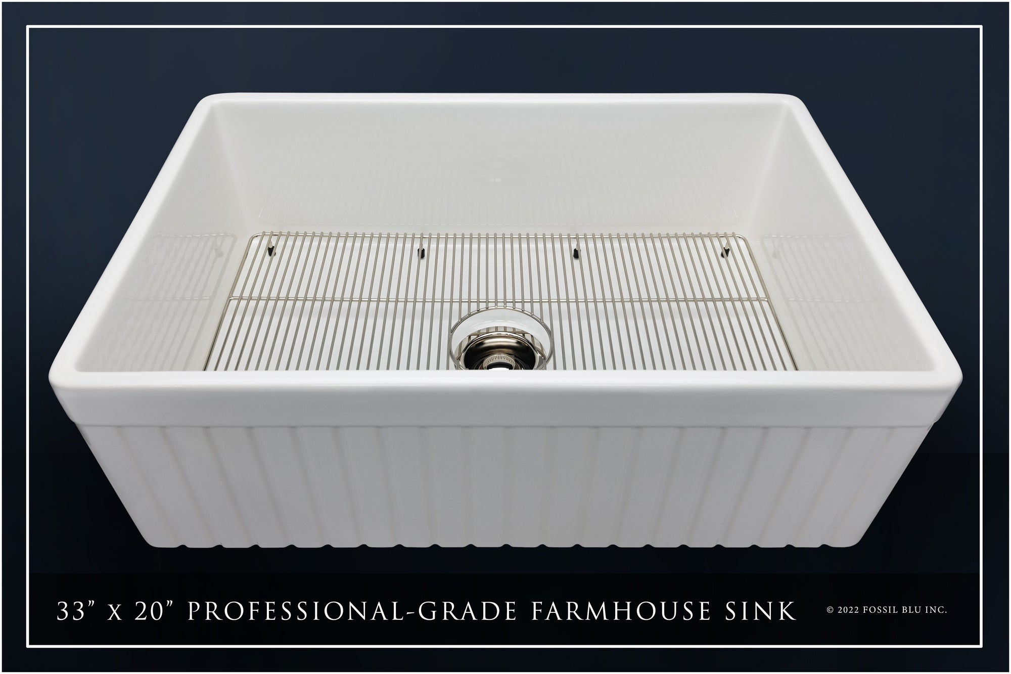 FSW1007PN LUXURY 33-INCH SOLID FIRECLAY FARMHOUSE SINK IN WHITE, POLISHED NICKEL ACCS, FLUTED FRONT