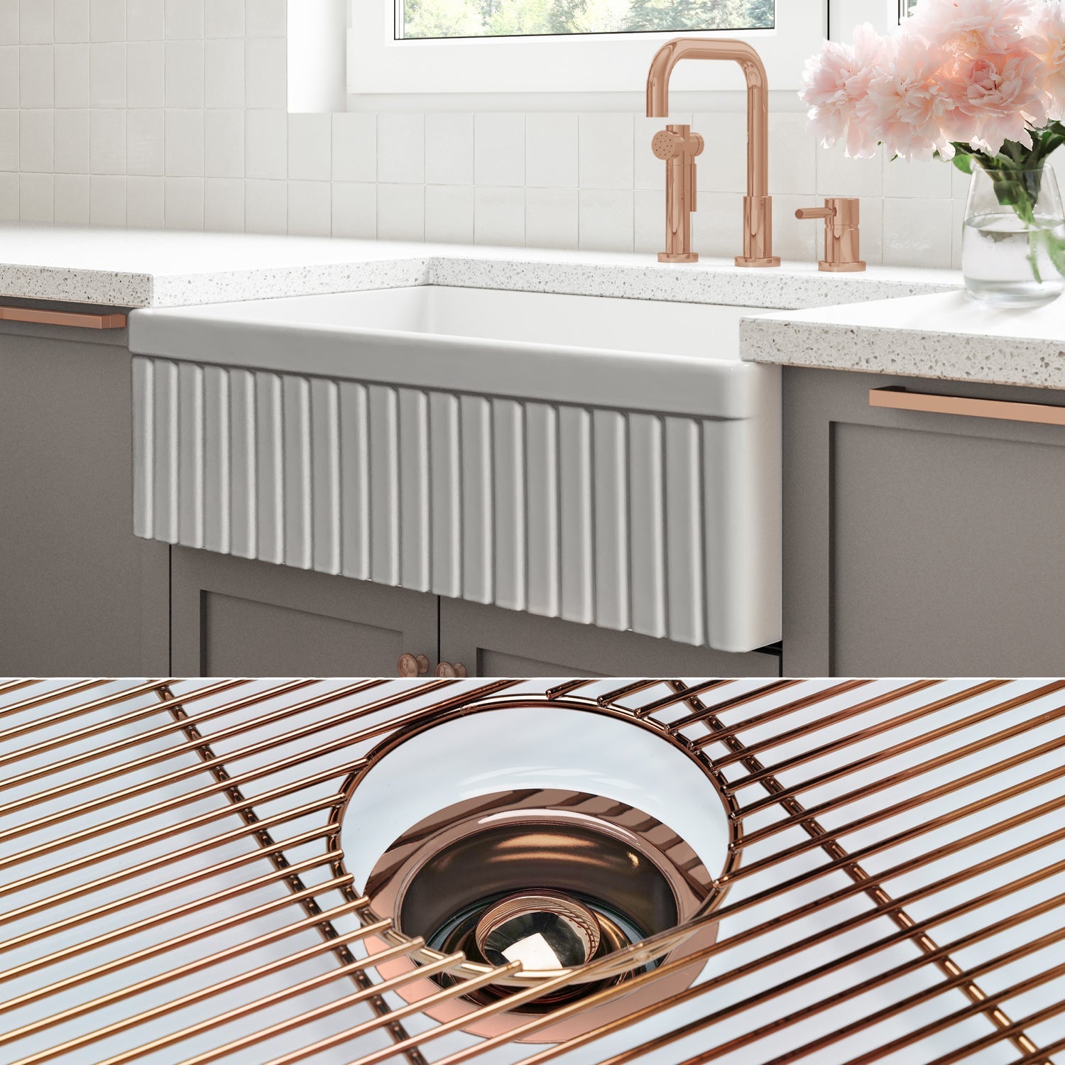FSW1007RG LUXURY 33-INCH SOLID FIRECLAY FARMHOUSE SINK IN WHITE, POL. ROSE GOLD ACCS, FLUTED FRONT