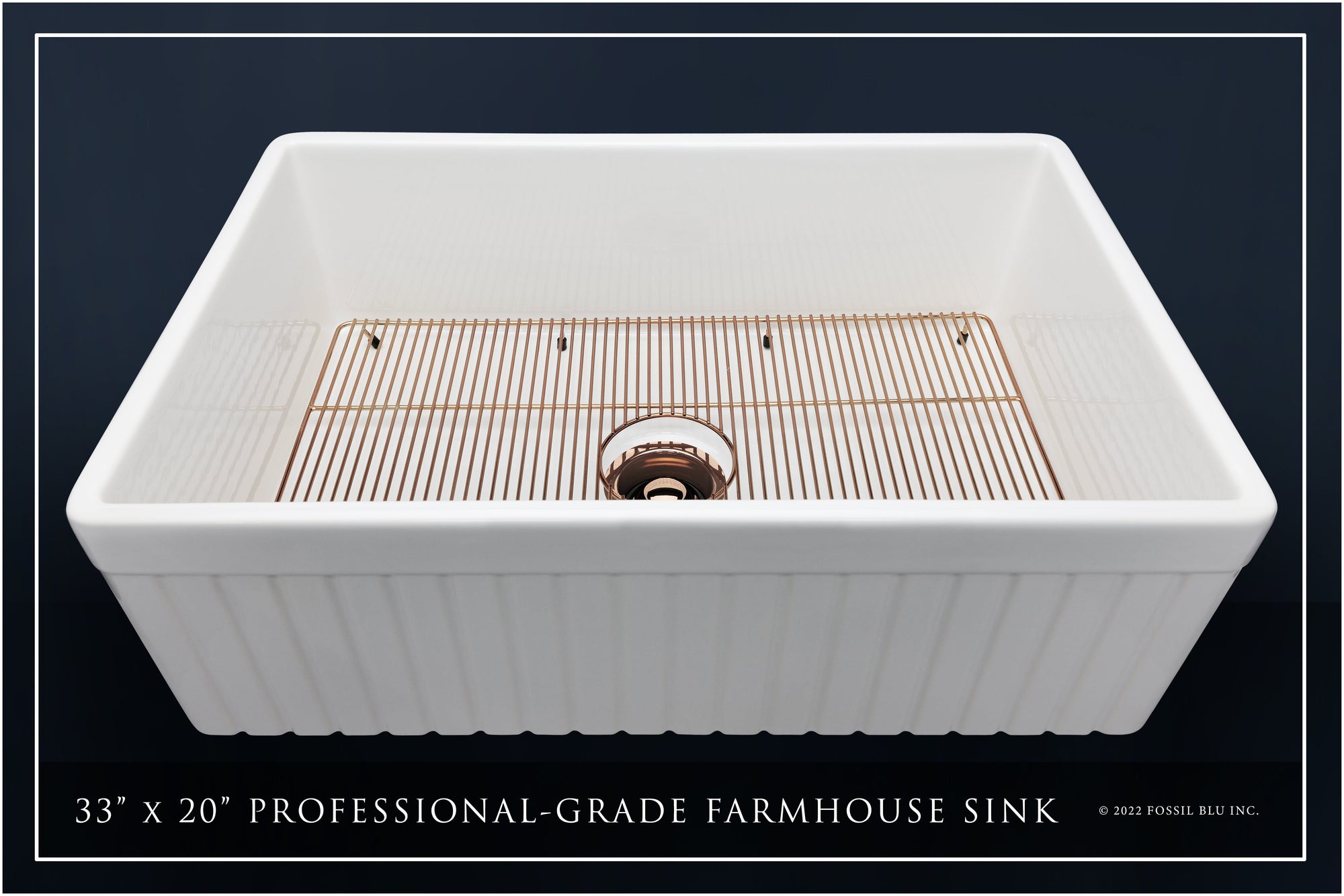 FSW1007RG LUXURY 33-INCH SOLID FIRECLAY FARMHOUSE SINK IN WHITE, POL. ROSE GOLD ACCS, FLUTED FRONT