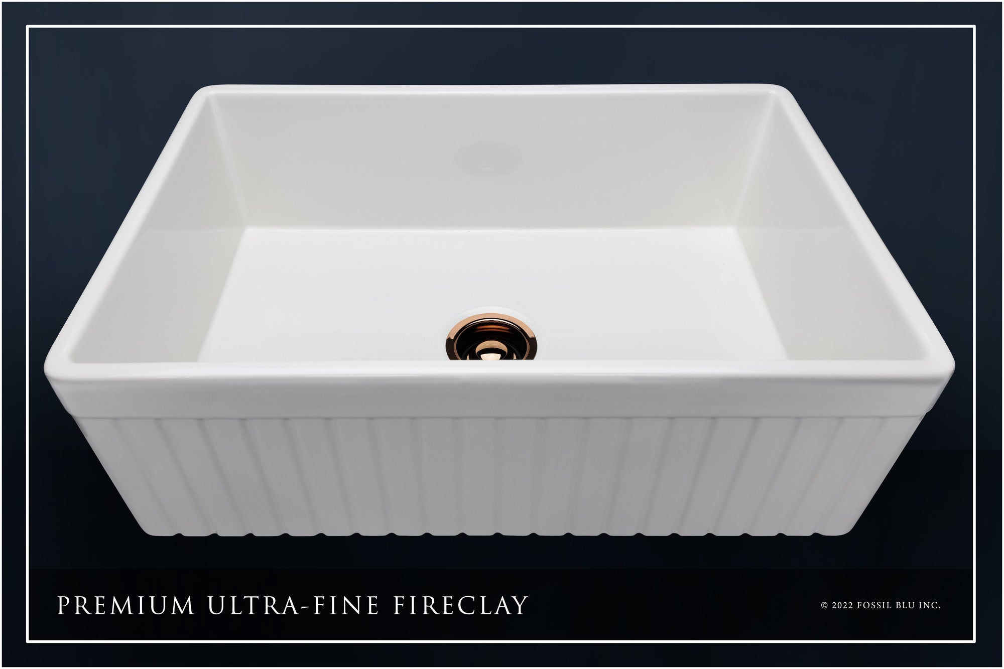 FSW1007RG LUXURY 33-INCH SOLID FIRECLAY FARMHOUSE SINK IN WHITE, POL. ROSE GOLD ACCS, FLUTED FRONT