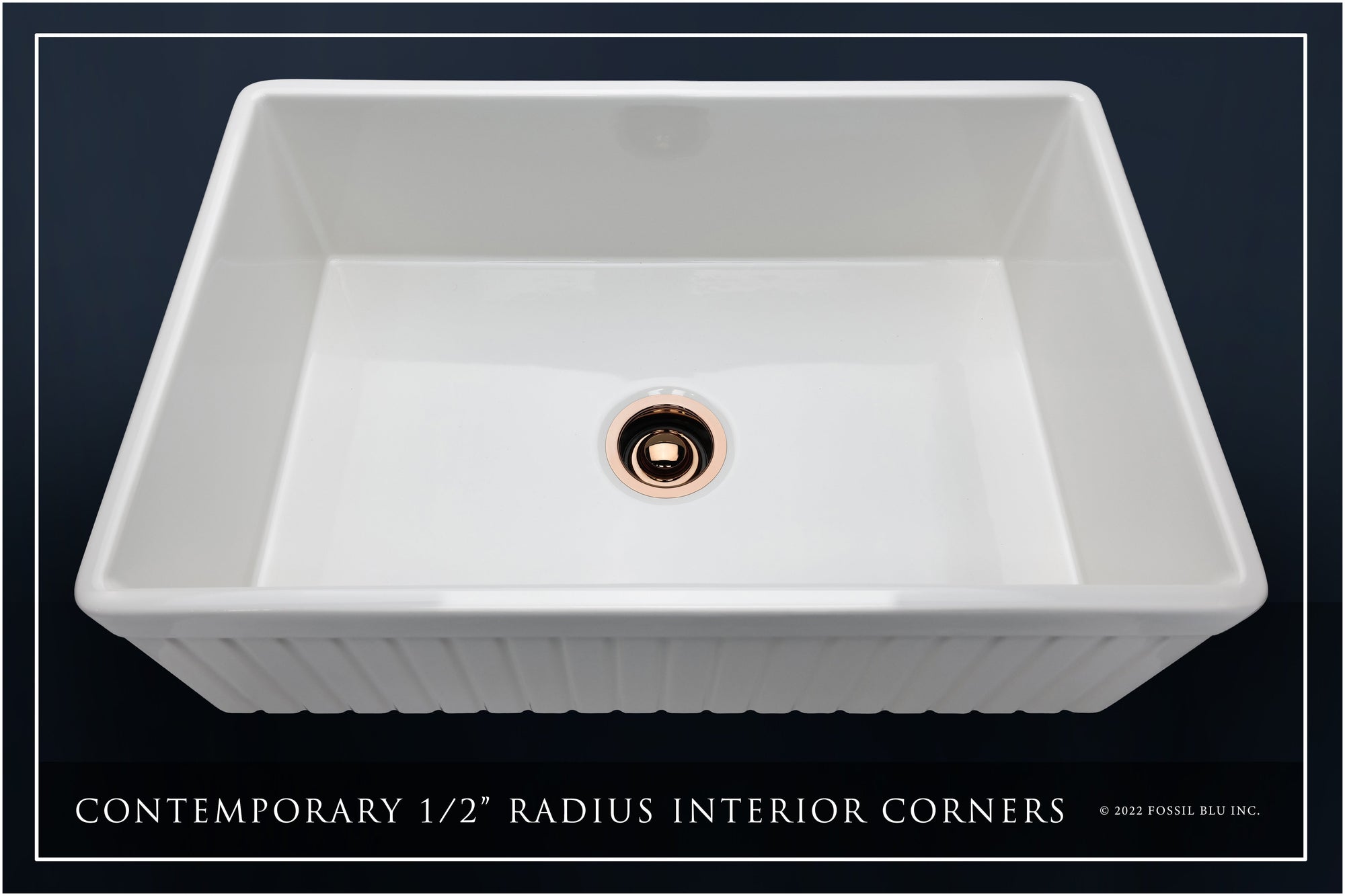 FSW1007RG LUXURY 33-INCH SOLID FIRECLAY FARMHOUSE SINK IN WHITE, POL. ROSE GOLD ACCS, FLUTED FRONT