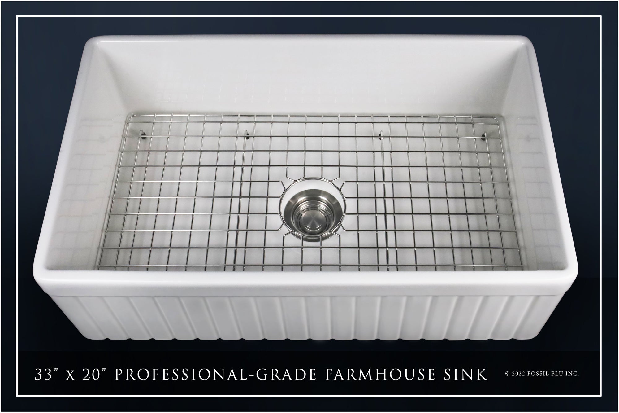 FSW1007 LUXURY 33-INCH SOLID FIRECLAY FARMHOUSE SINK IN WHITE, STAINLESS STEEL ACCS, FLUTED FRONT
