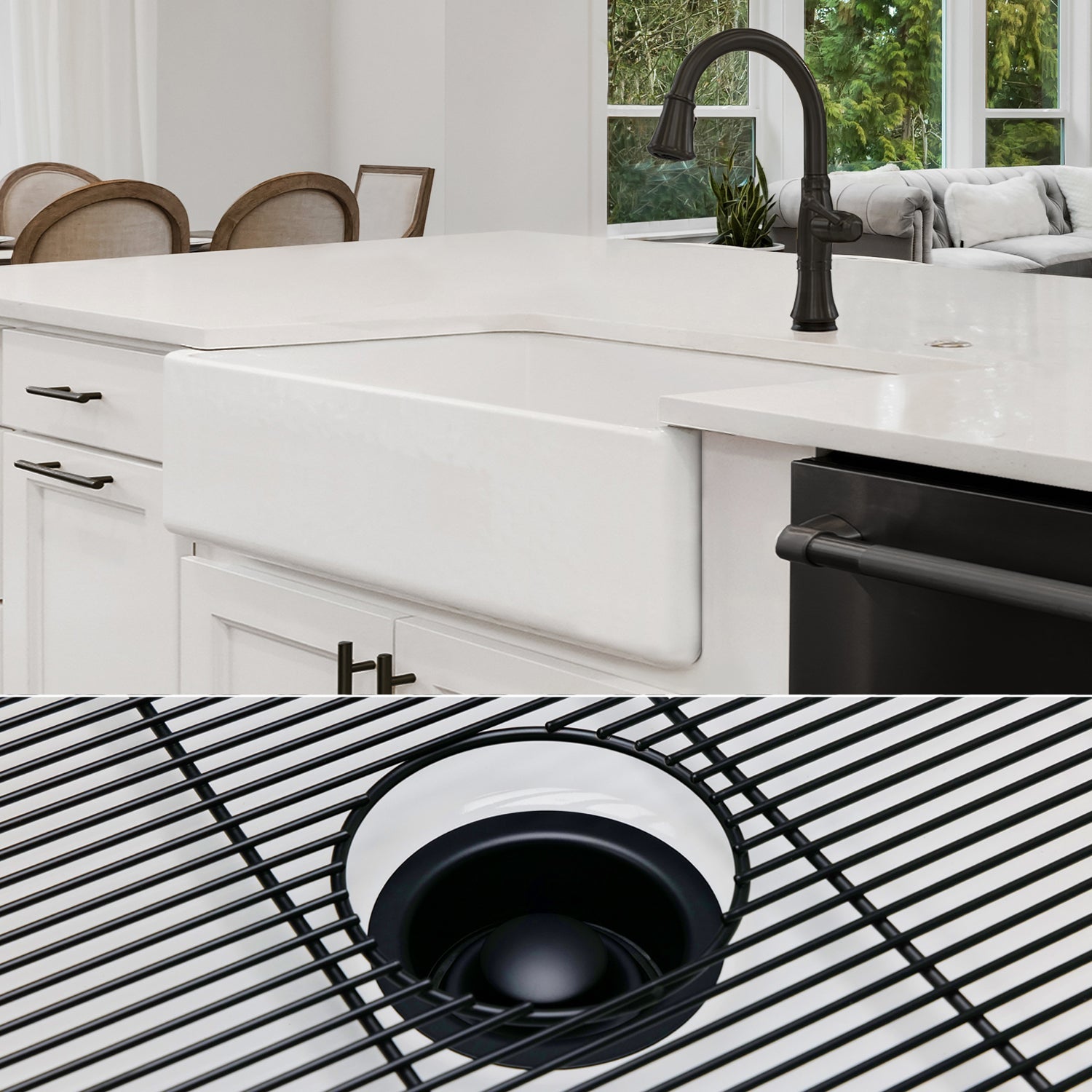 FSW1008MB LUXURY 36-INCH SOLID FIRECLAY FARMHOUSE SINK IN WHITE, MATTE BLACK ACCS, FLAT FRONT