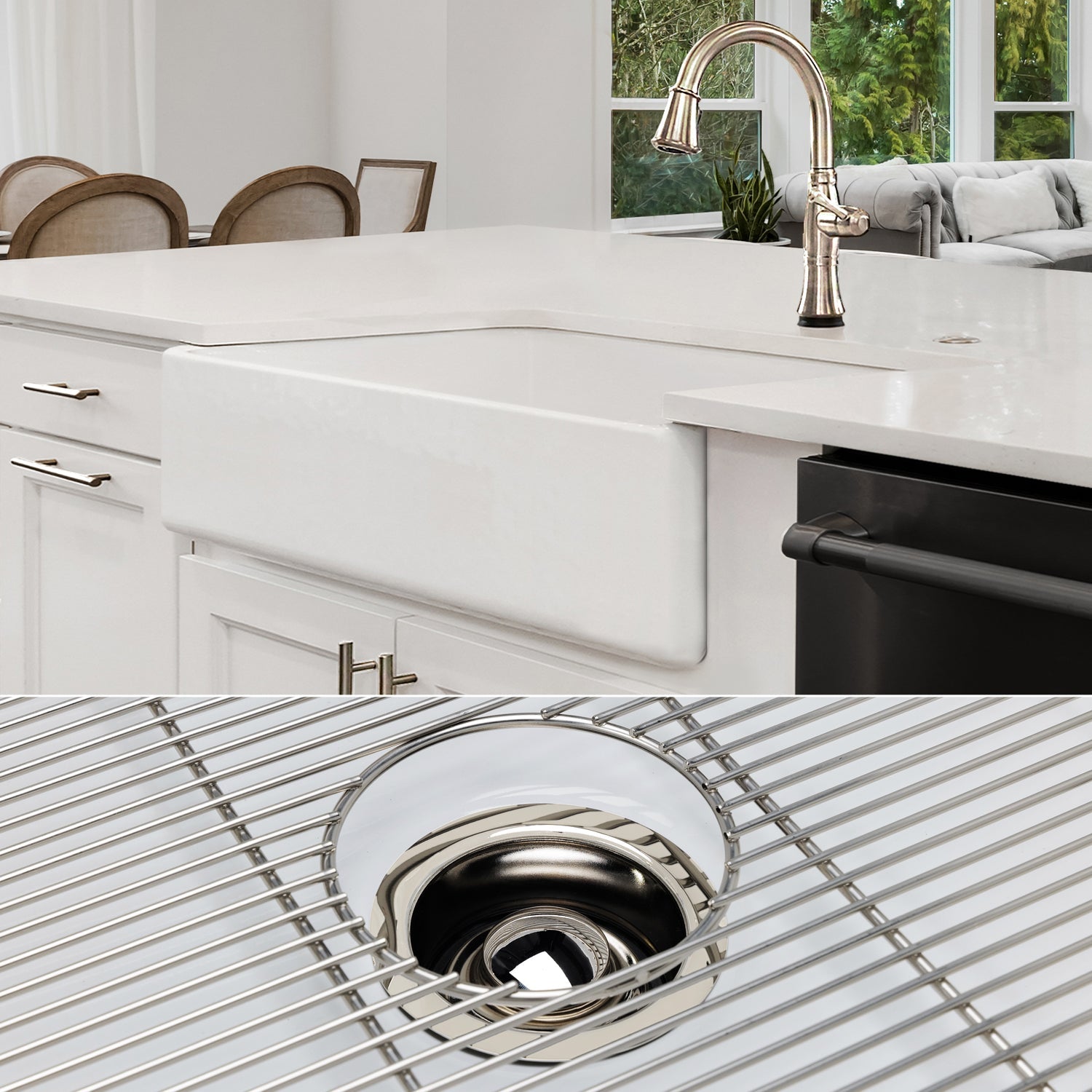 FSW1008PN LUXURY 36-INCH SOLID FIRECLAY FARMHOUSE SINK IN WHITE, POLISHED NICKEL ACCS, FLAT FRONT