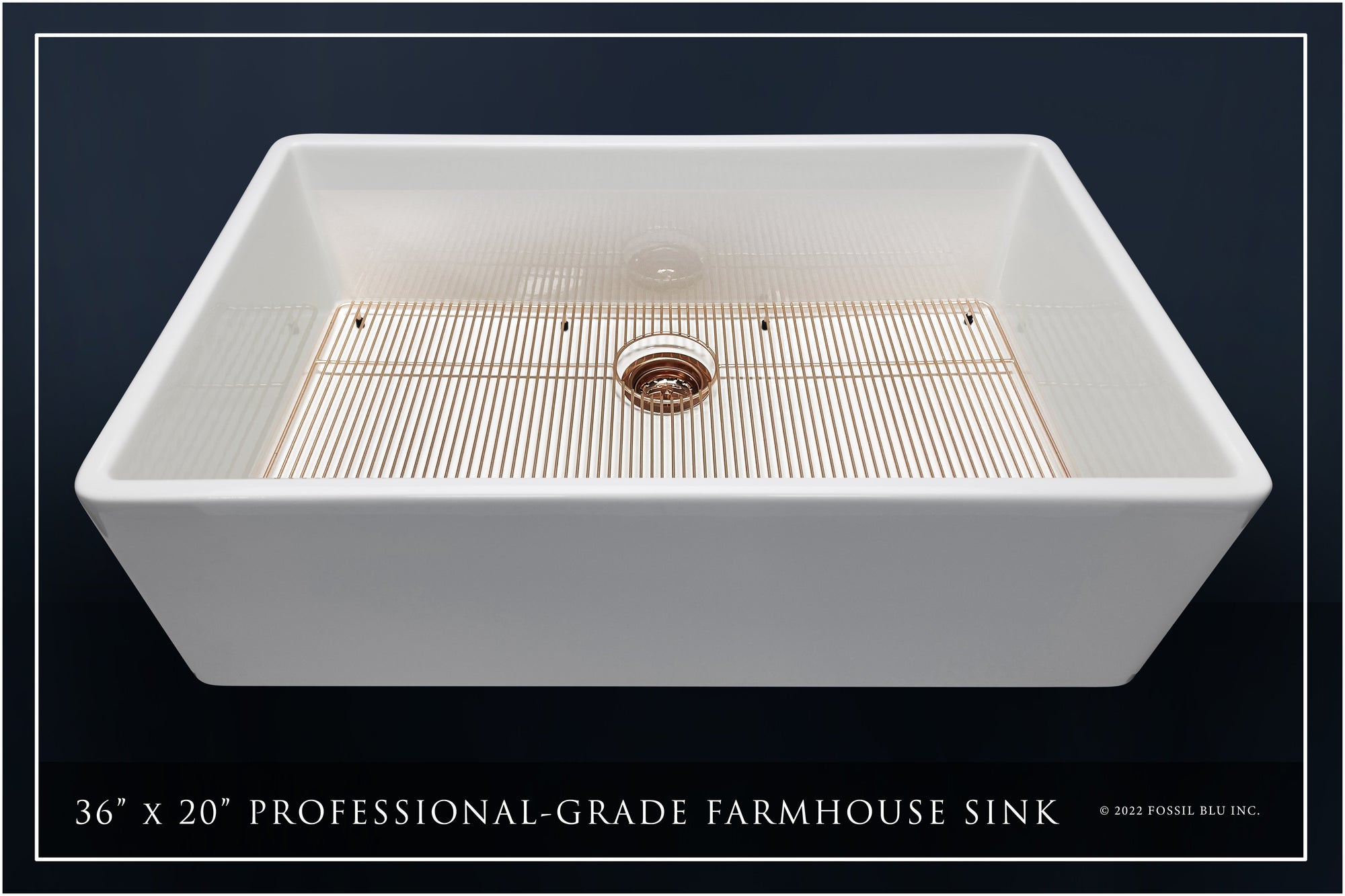 FSW1008RG LUXURY 36-INCH SOLID FIRECLAY FARMHOUSE SINK IN WHITE, POL. ROSE GOLD ACCS, FLAT FRONT
