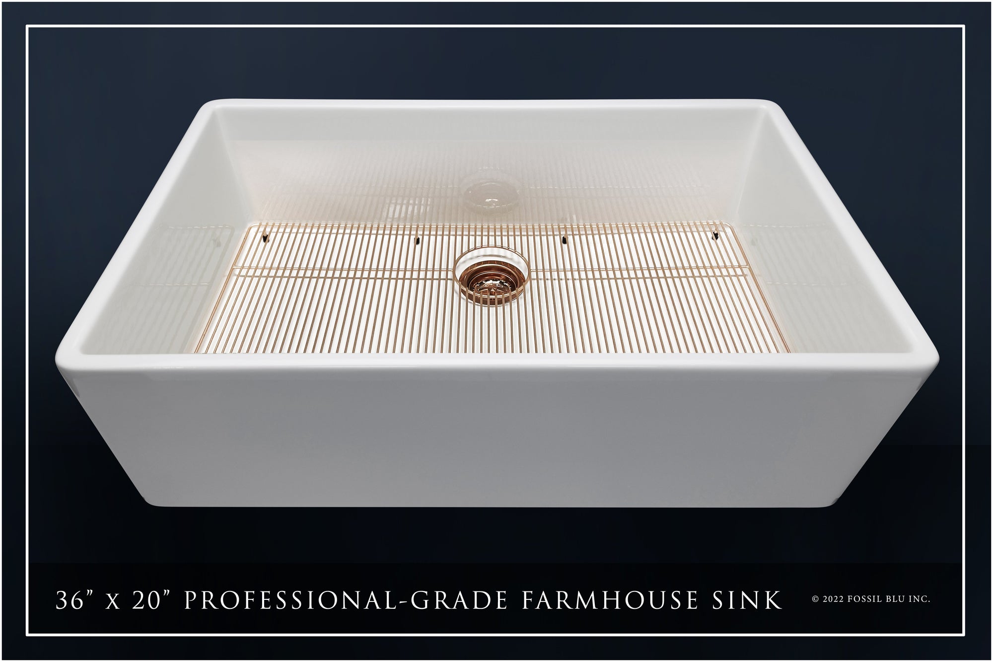 FSW1008RG LUXURY 36-INCH SOLID FIRECLAY FARMHOUSE SINK IN WHITE, POL. ROSE GOLD ACCS, FLAT FRONT