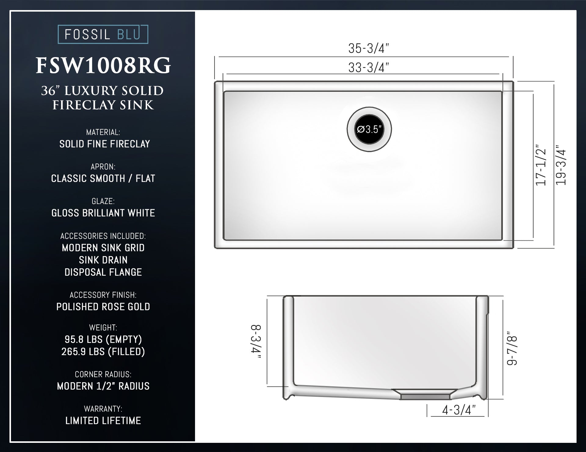 FSW1008RG LUXURY 36-INCH SOLID FIRECLAY FARMHOUSE SINK IN WHITE, POL. ROSE GOLD ACCS, FLAT FRONT