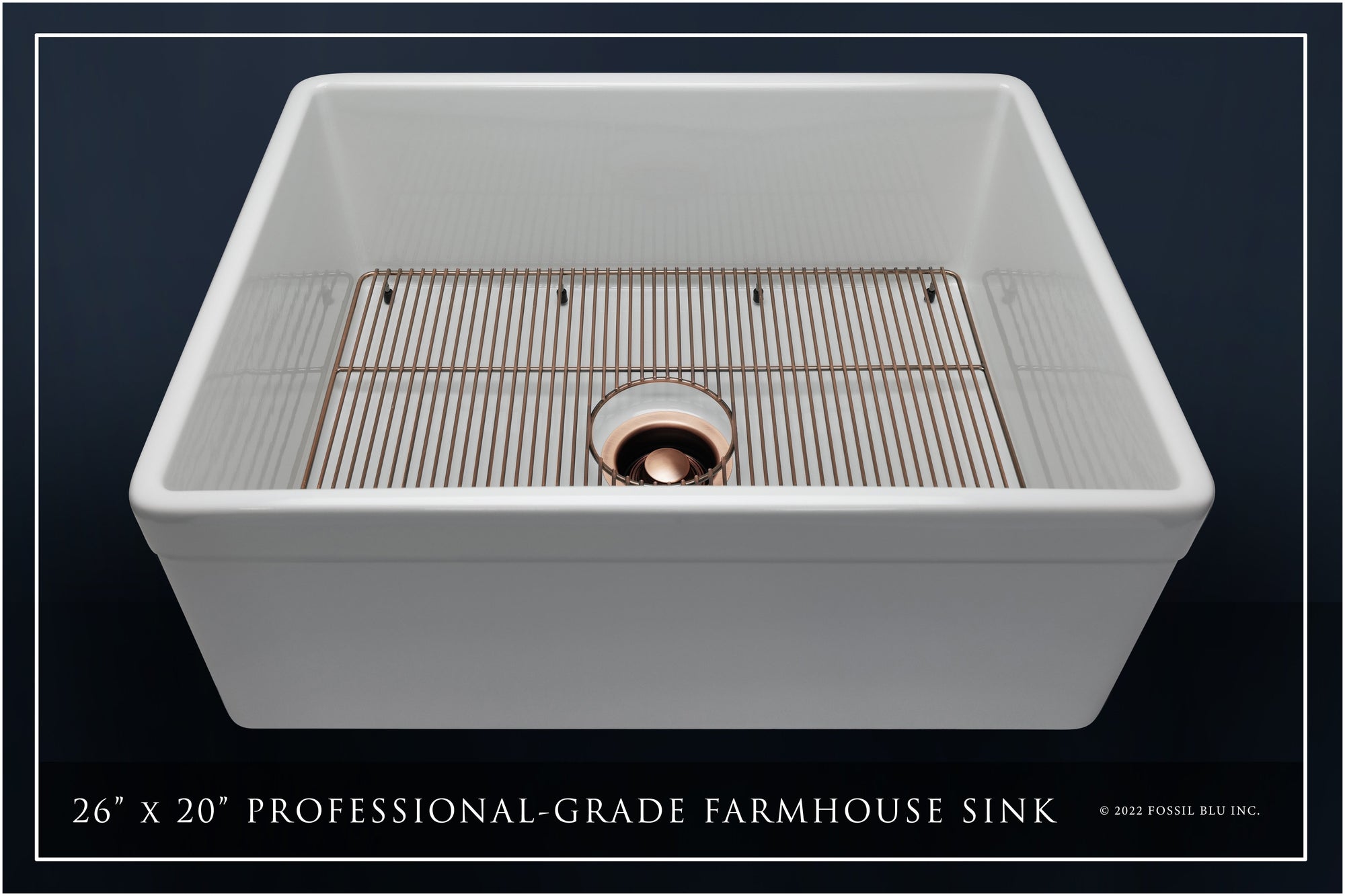 FSW1010AC LUXURY 26-INCH SOLID FIRECLAY FARMHOUSE SINK IN WHITE, ANTIQUE COPPER ACCS, BELTED FRONT