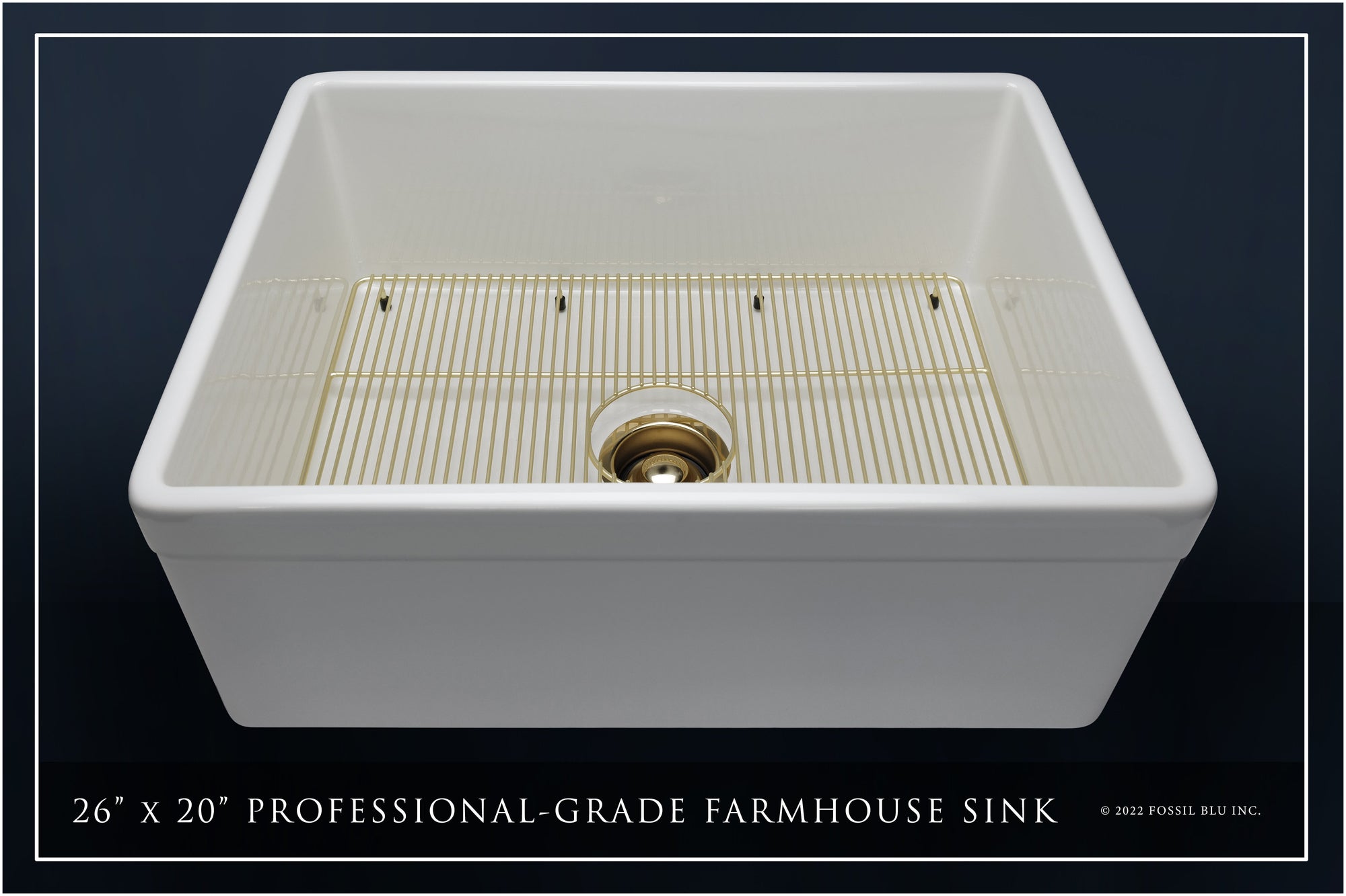 FSW1010BB LUXURY 26-INCH SOLID FIRECLAY FARMHOUSE SINK IN WHITE, MATTE GOLD ACCS, BELTED FRONT