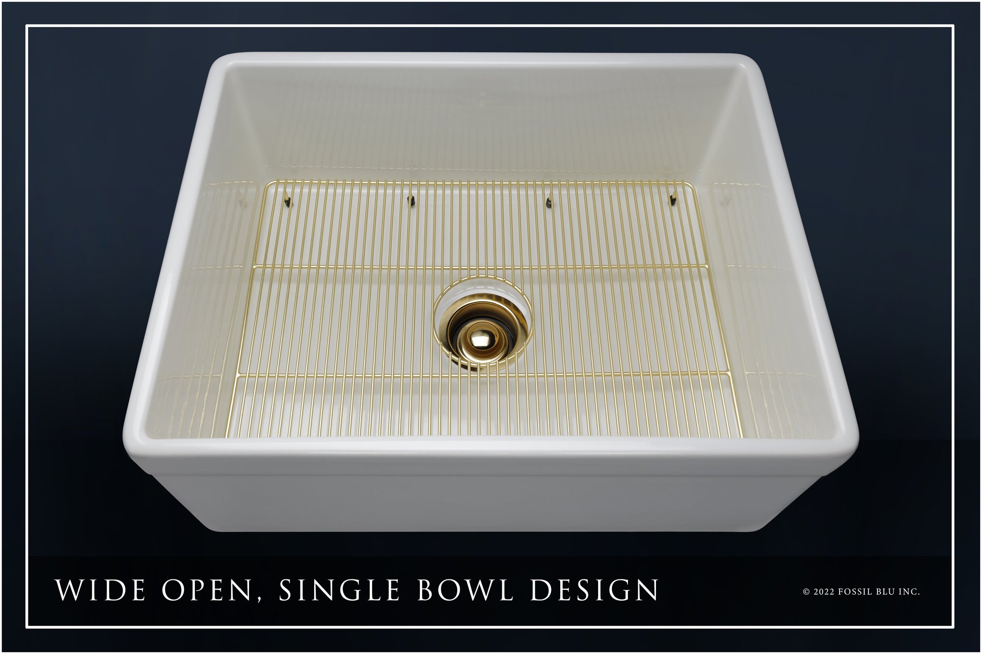 FSW1010BB LUXURY 26-INCH SOLID FIRECLAY FARMHOUSE SINK IN WHITE, MATTE GOLD ACCS, BELTED FRONT