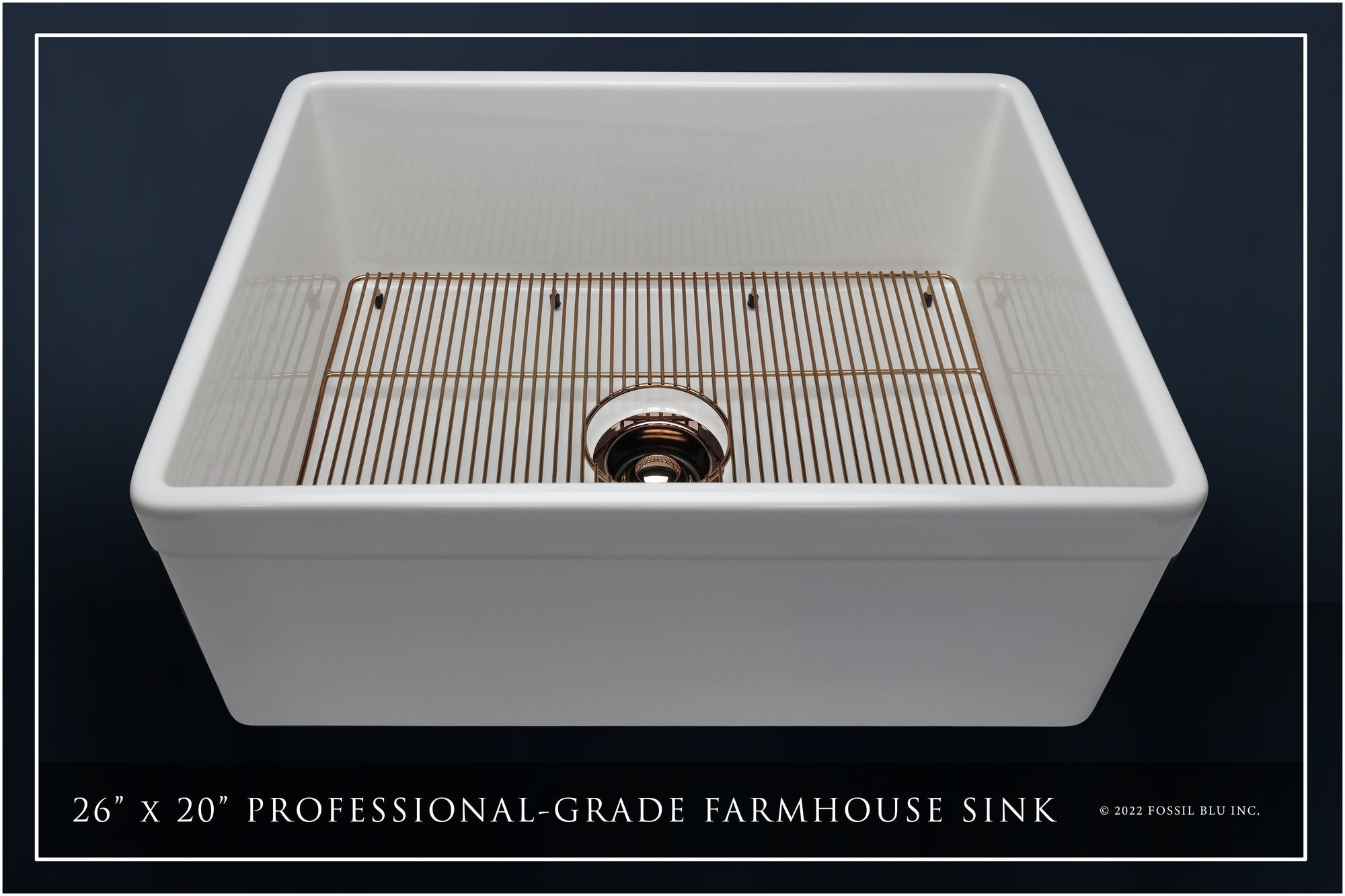 FSW1010RG LUXURY 26-INCH SOLID FIRECLAY FARMHOUSE SINK IN WHITE, POL. ROSE GOLD ACCS, BELTED FRONT