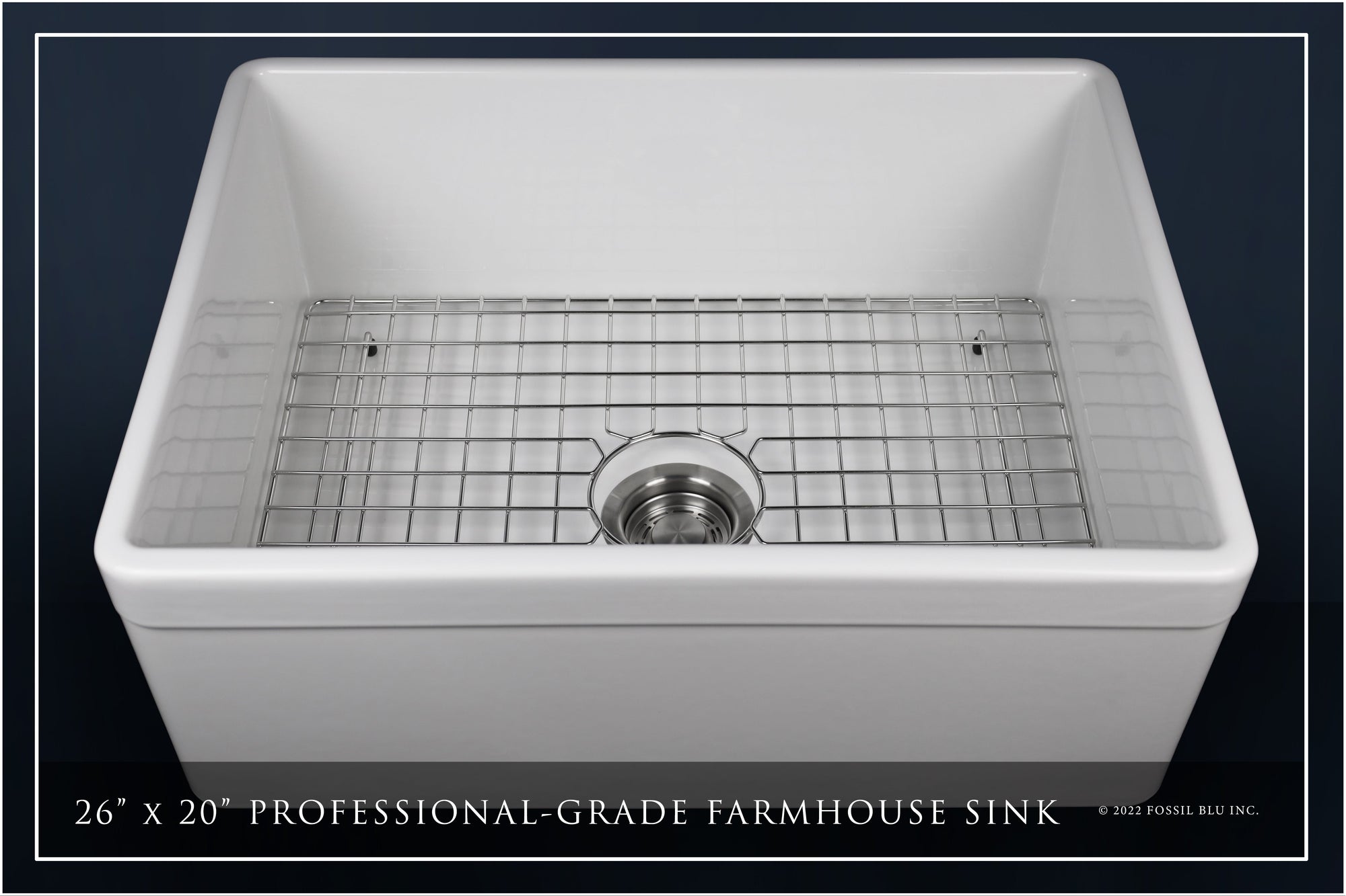 FSW1010 LUXURY 26-INCH SOLID FIRECLAY FARMHOUSE SINK IN WHITE, STAINLESS STEEL ACCS, BELTED FRONT