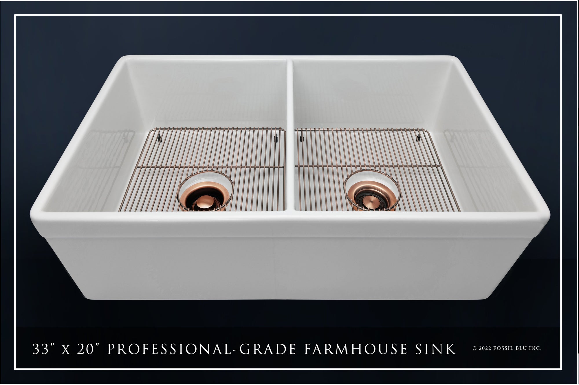 FSW1012AC LUXURY 33-INCH SOLID FIRECLAY FARMHOUSE SINK IN WHITE, ANTIQUE COPPER ACCS, BELTED FRONT