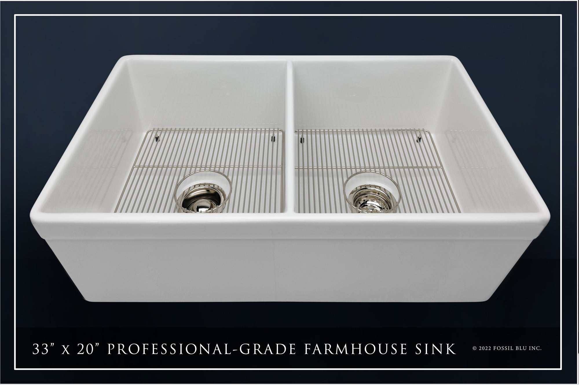FSW1012PN LUXURY 33-INCH SOLID FIRECLAY FARMHOUSE SINK IN WHITE, POLISHED NICKEL ACCS, BELTED FRONT