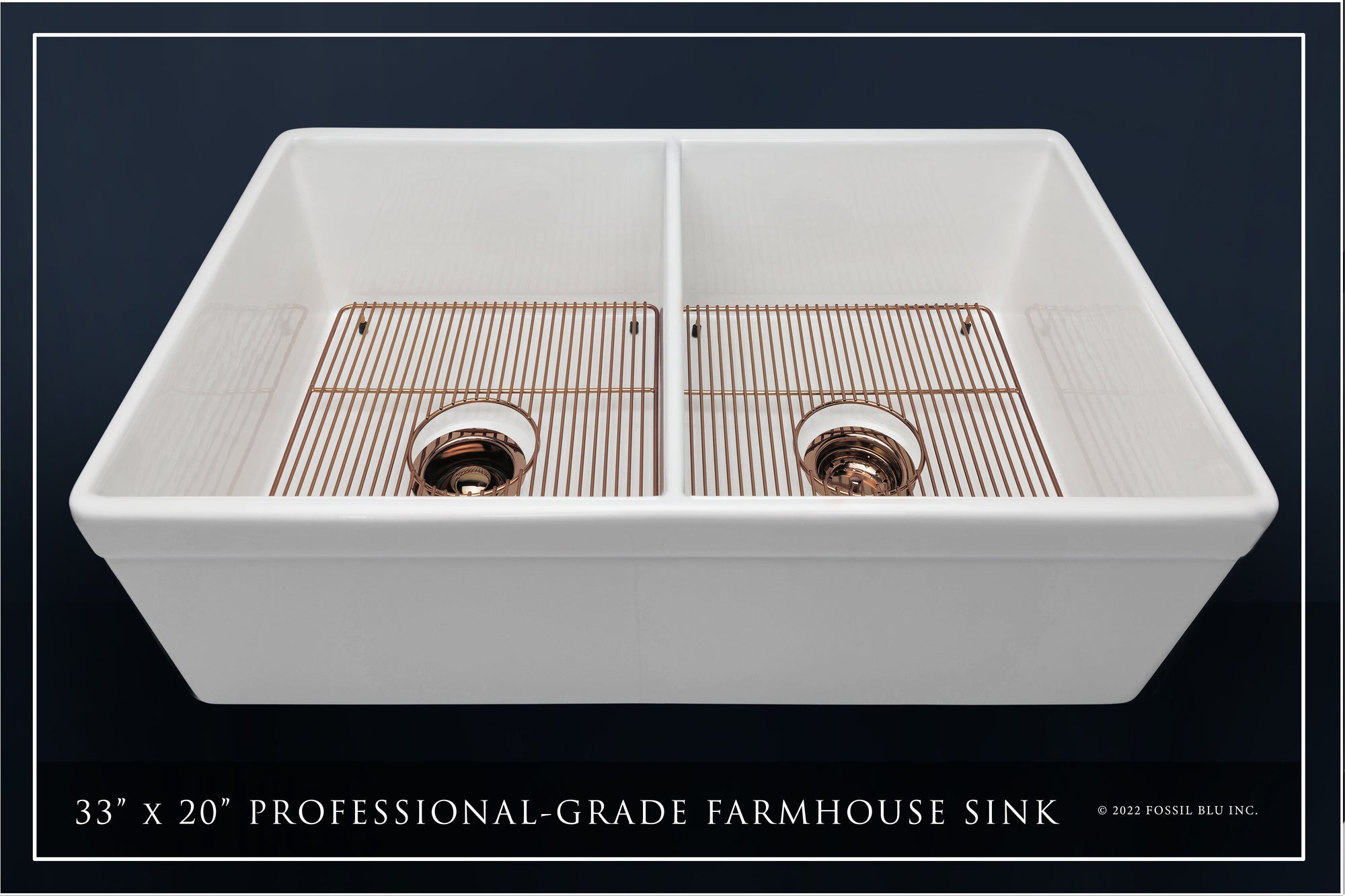 FSW1012RG LUXURY 33-INCH SOLID FIRECLAY FARMHOUSE SINK IN WHITE, POL. ROSE GOLD ACCS, BELTED FRONT