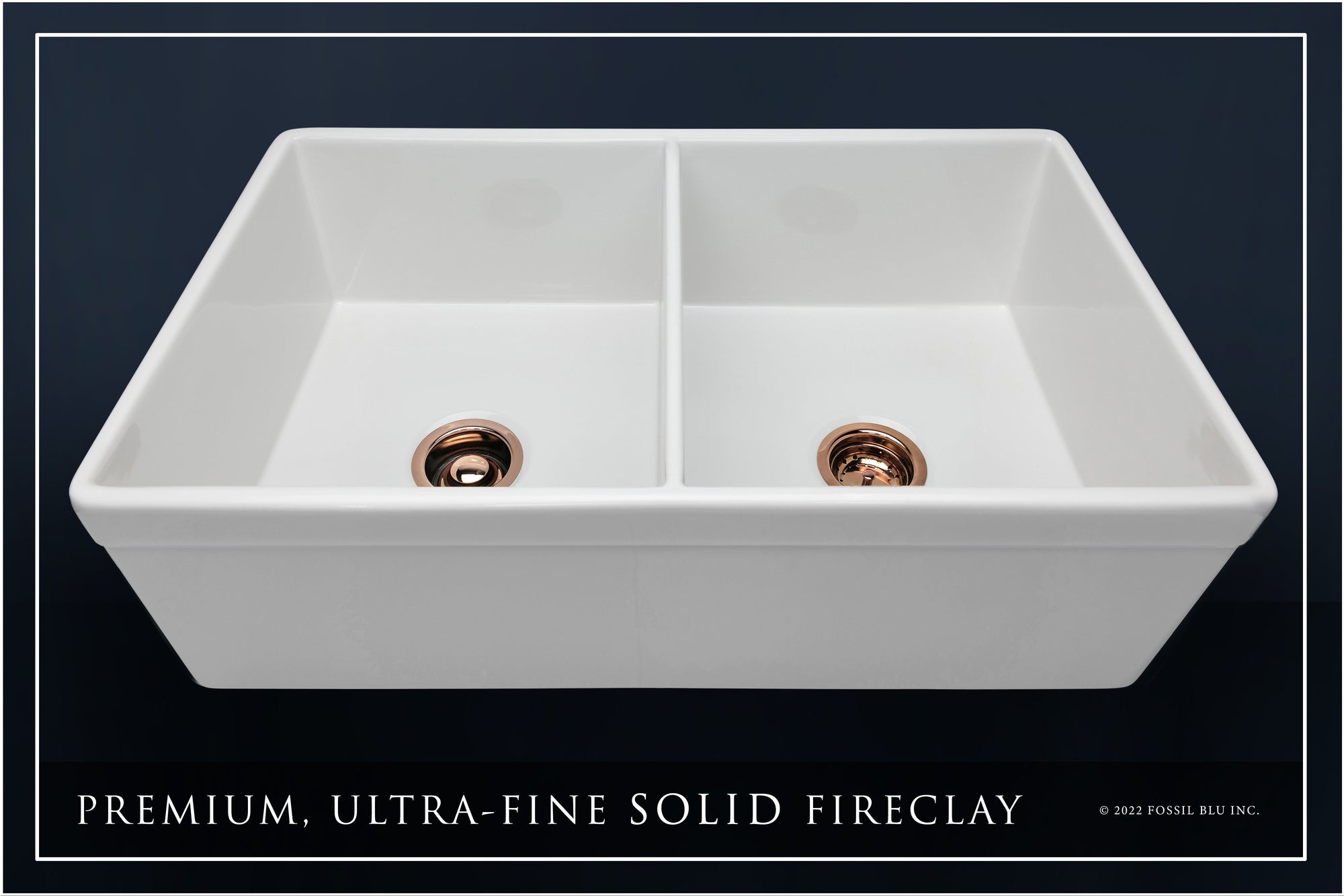 FSW1012RG LUXURY 33-INCH SOLID FIRECLAY FARMHOUSE SINK IN WHITE, POL. ROSE GOLD ACCS, BELTED FRONT