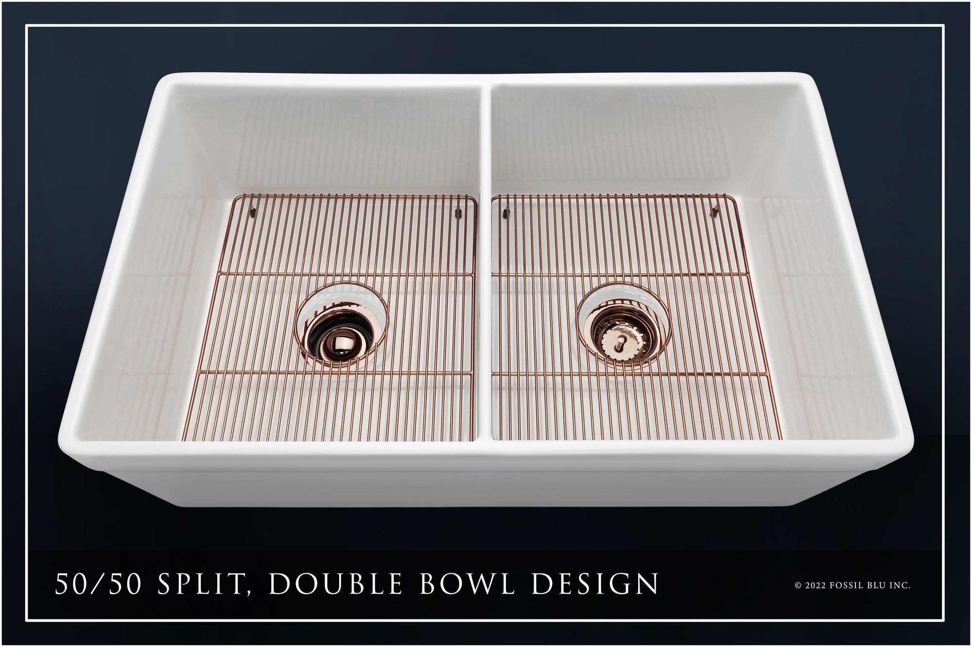 FSW1012RG LUXURY 33-INCH SOLID FIRECLAY FARMHOUSE SINK IN WHITE, POL. ROSE GOLD ACCS, BELTED FRONT