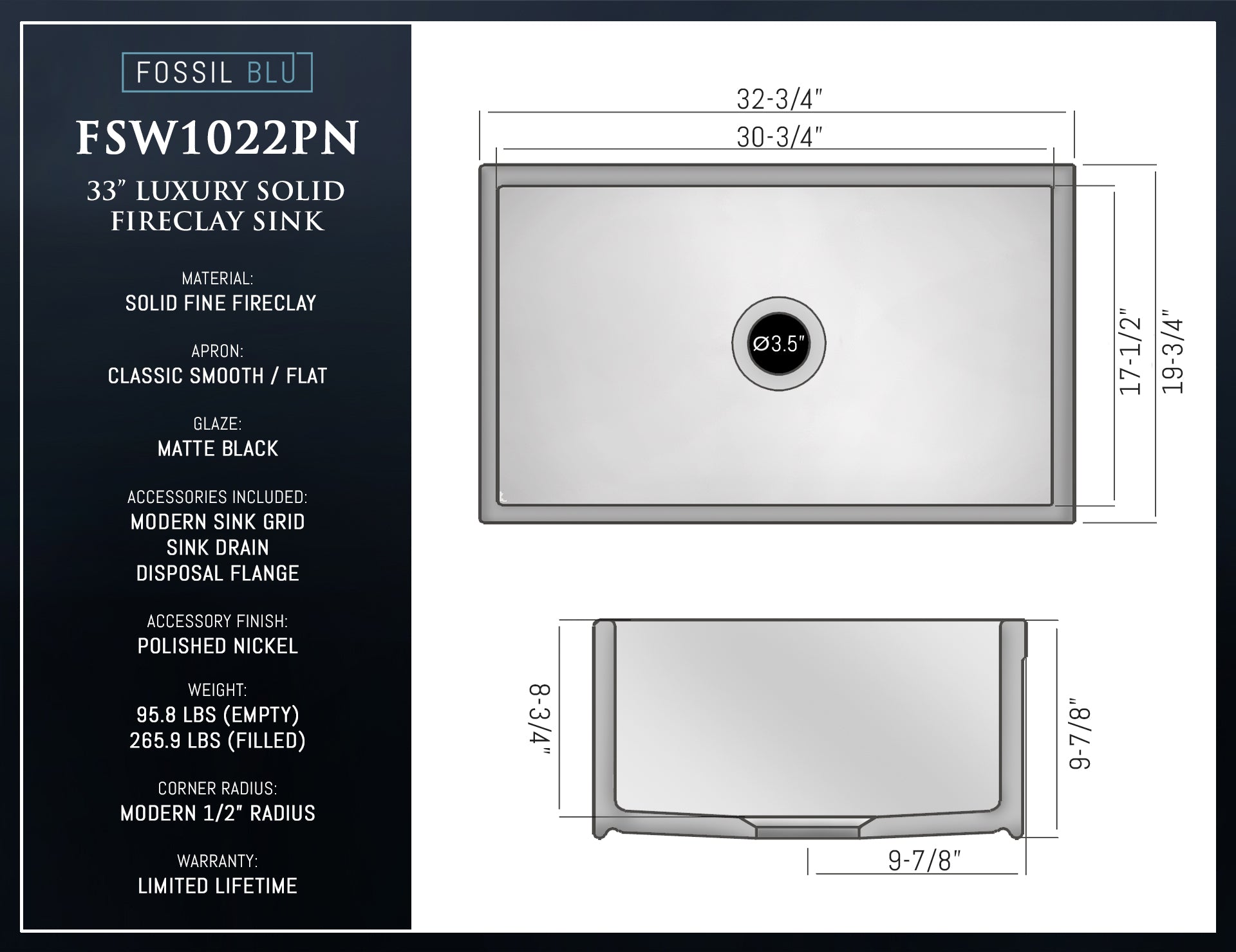 FSW1022PN LUXURY 33-INCH SOLID FIRECLAY FARMHOUSE SINK, MATTE BLACK, POL. NICKEL ACCS, FLAT FRONT