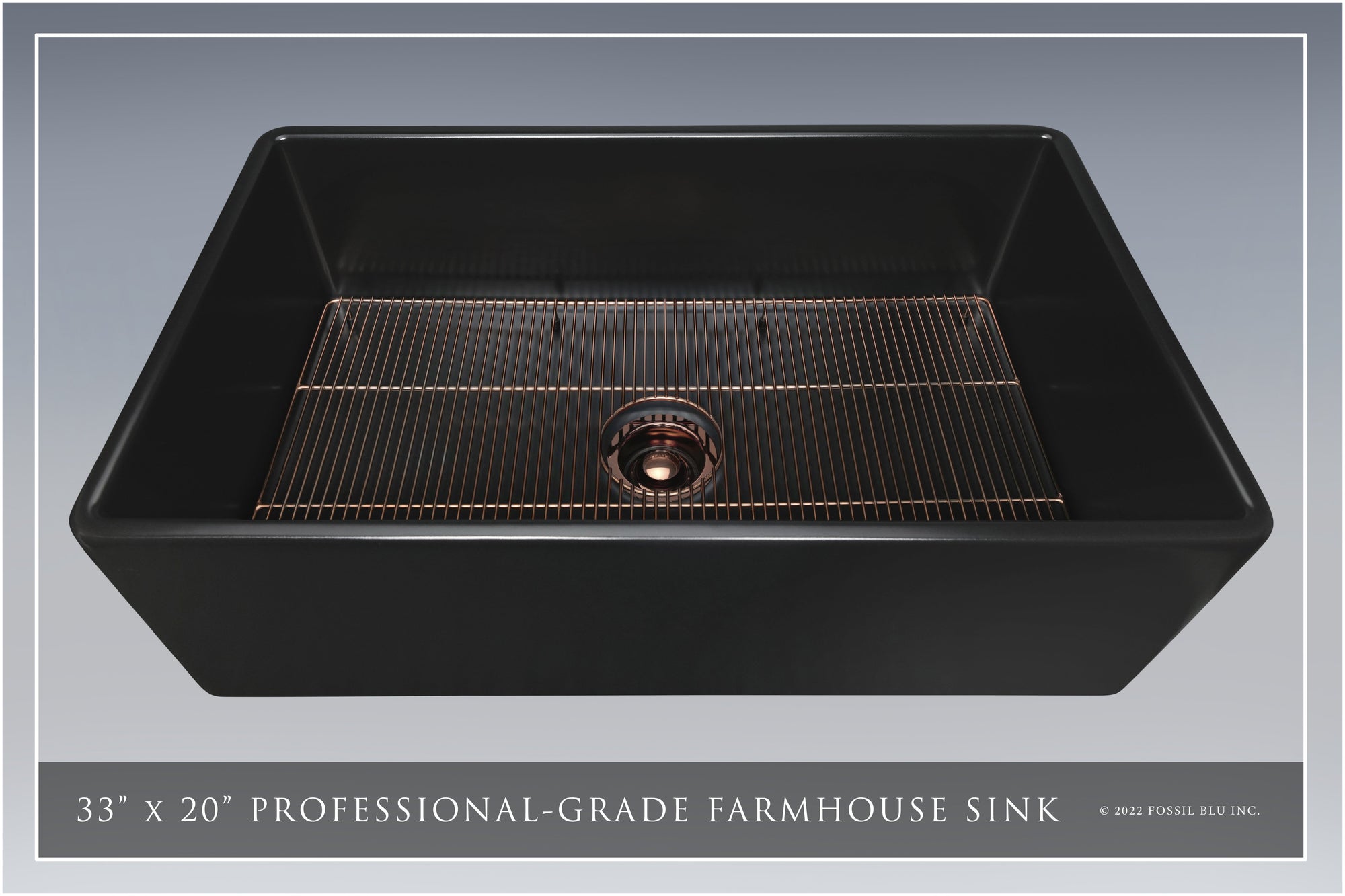 FSW1022RG LUX 33-INCH SOLID FIRECLAY FARMHOUSE SINK, MATTE BLACK, POL. ROSE GOLD ACCS, FLAT FRONT