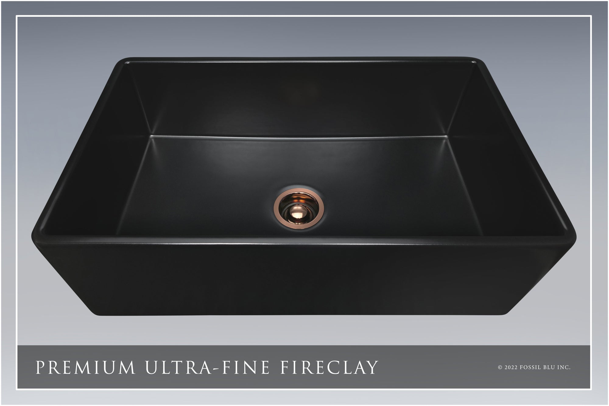 FSW1022RG LUX 33-INCH SOLID FIRECLAY FARMHOUSE SINK, MATTE BLACK, POL. ROSE GOLD ACCS, FLAT FRONT