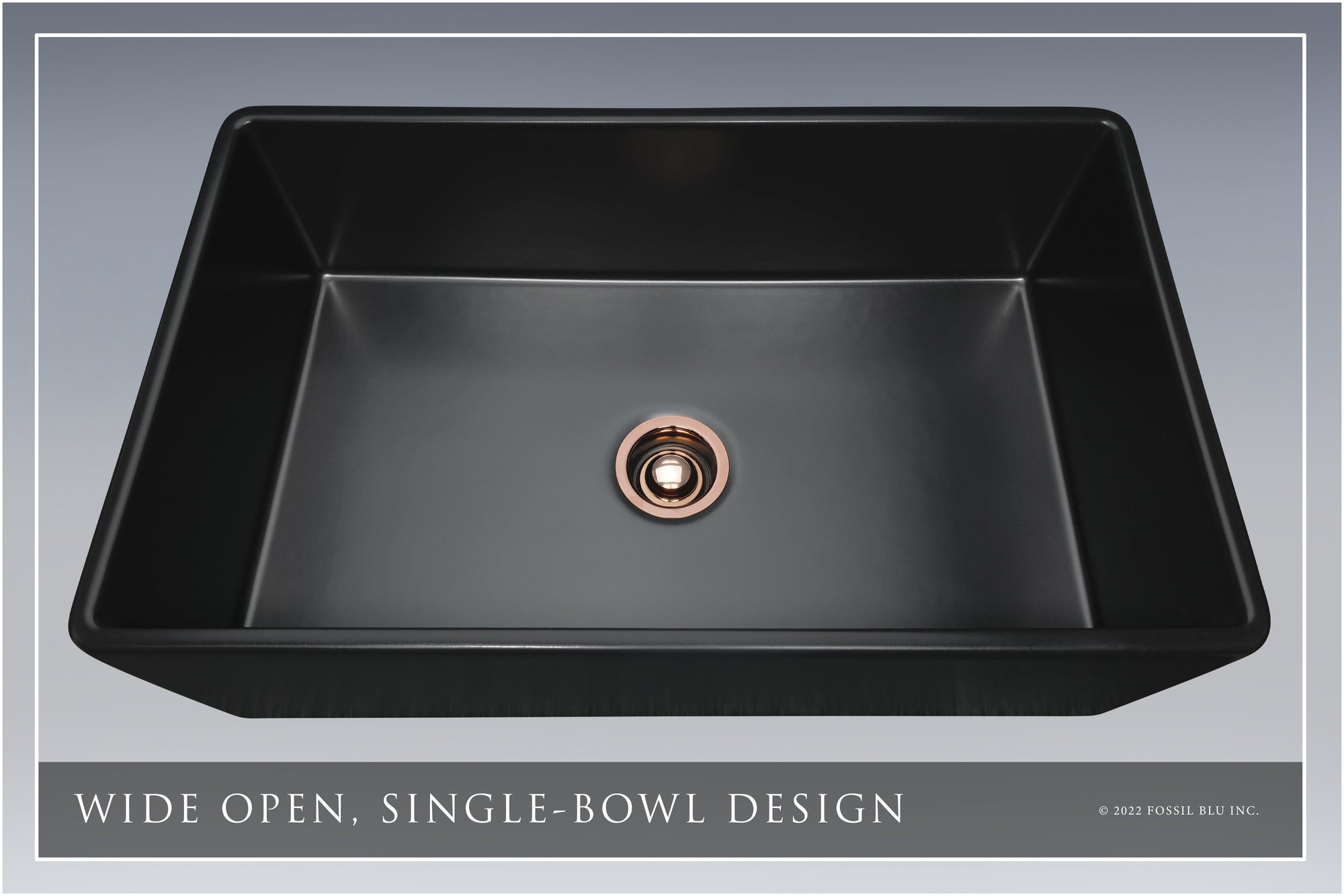 FSW1022RG LUX 33-INCH SOLID FIRECLAY FARMHOUSE SINK, MATTE BLACK, POL. ROSE GOLD ACCS, FLAT FRONT
