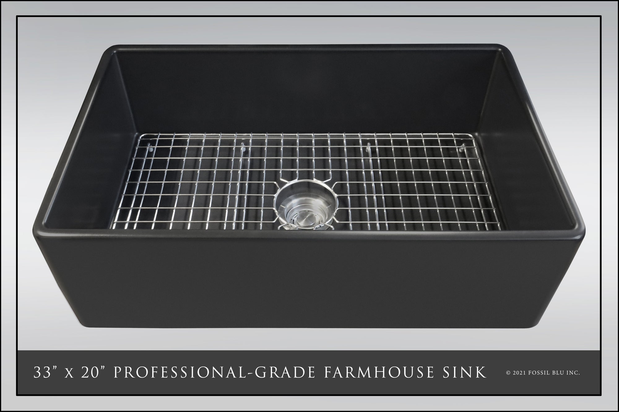 FSW1022 Luxury 33-inch Solid Fireclay Farmhouse Sink, Matte Black, St. Steel Accs, Flat Front