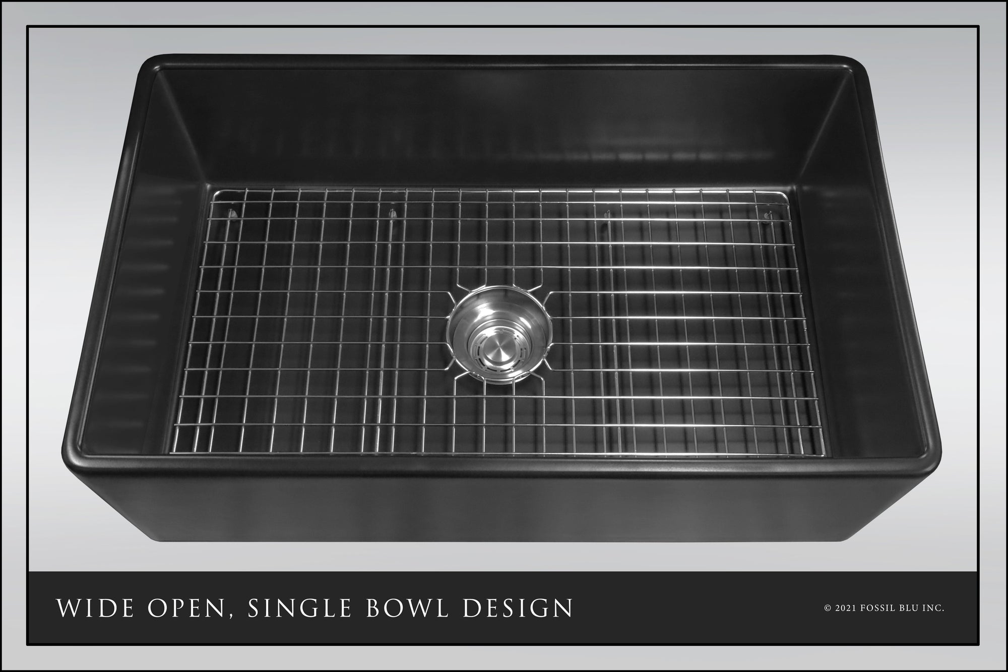 FSW1022 LUXURY 33-INCH SOLID FIRECLAY FARMHOUSE SINK, MATTE BLACK, ST. STEEL ACCS, FLAT FRONT