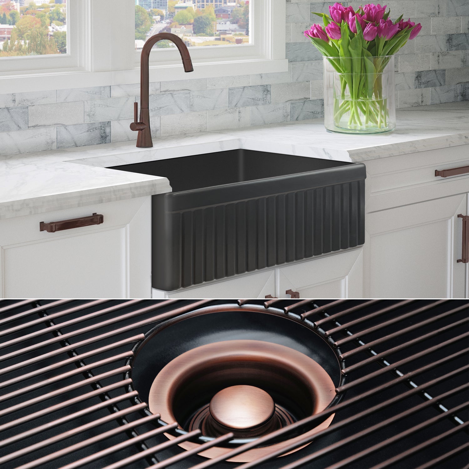 FSW1027AC LUX 33-INCH SOLID FIRECLAY FARMHOUSE SINK, MATTE BLACK, ANTIQUE COPPER ACCS, FLUTED FRONT