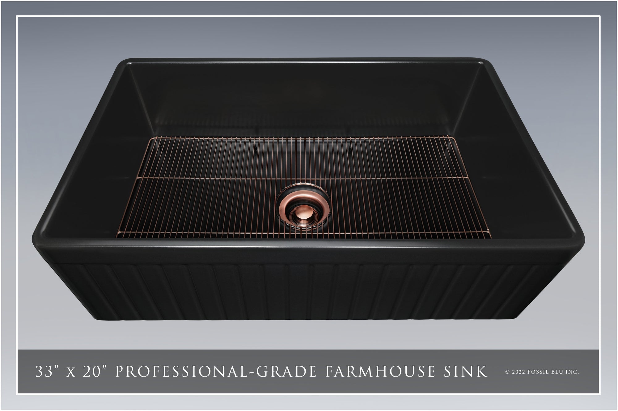 FSW1027AC LUX 33-INCH SOLID FIRECLAY FARMHOUSE SINK, MATTE BLACK, ANTIQUE COPPER ACCS, FLUTED FRONT