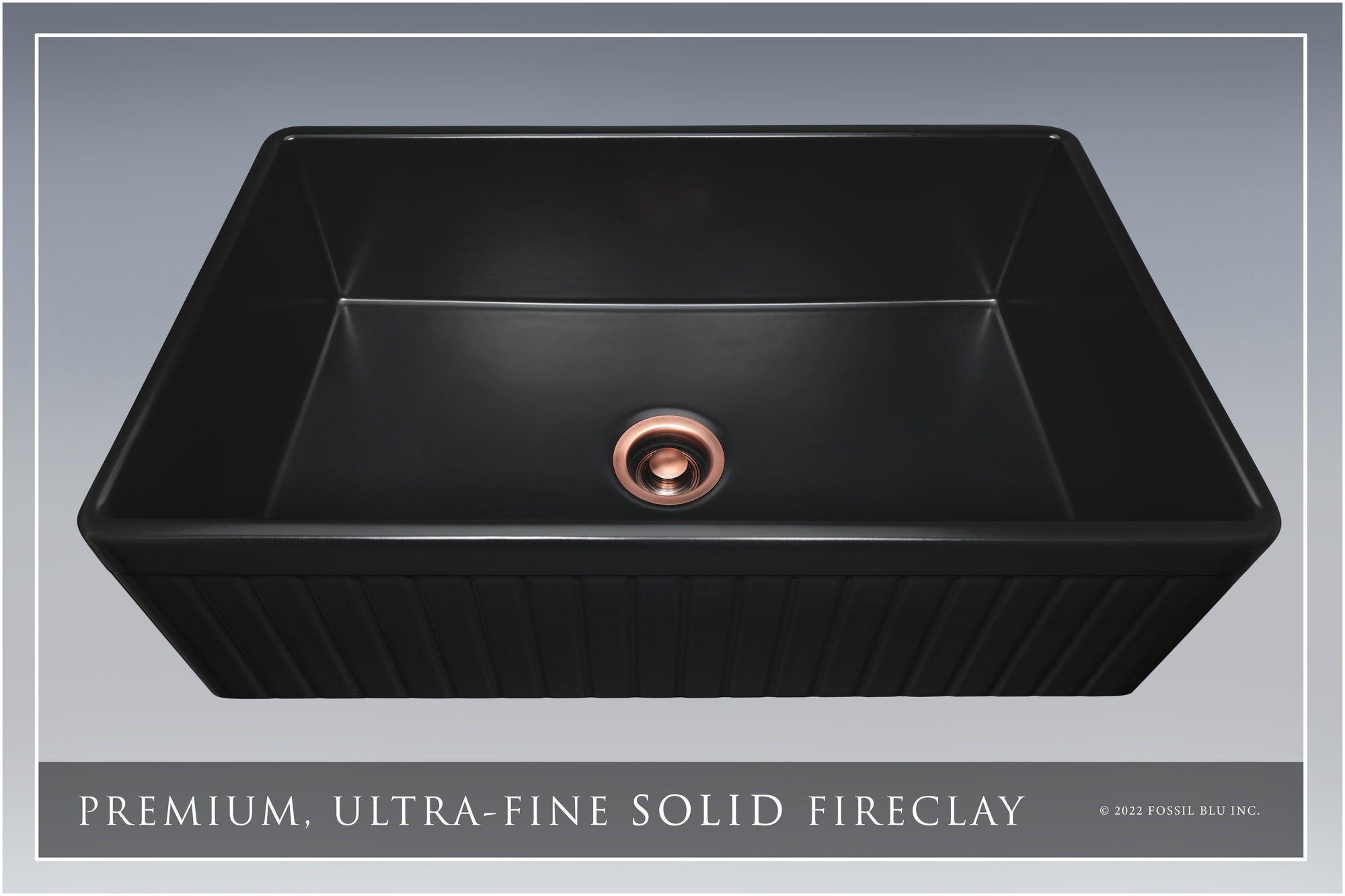 FSW1027AC LUX 33-INCH SOLID FIRECLAY FARMHOUSE SINK, MATTE BLACK, ANTIQUE COPPER ACCS, FLUTED FRONT