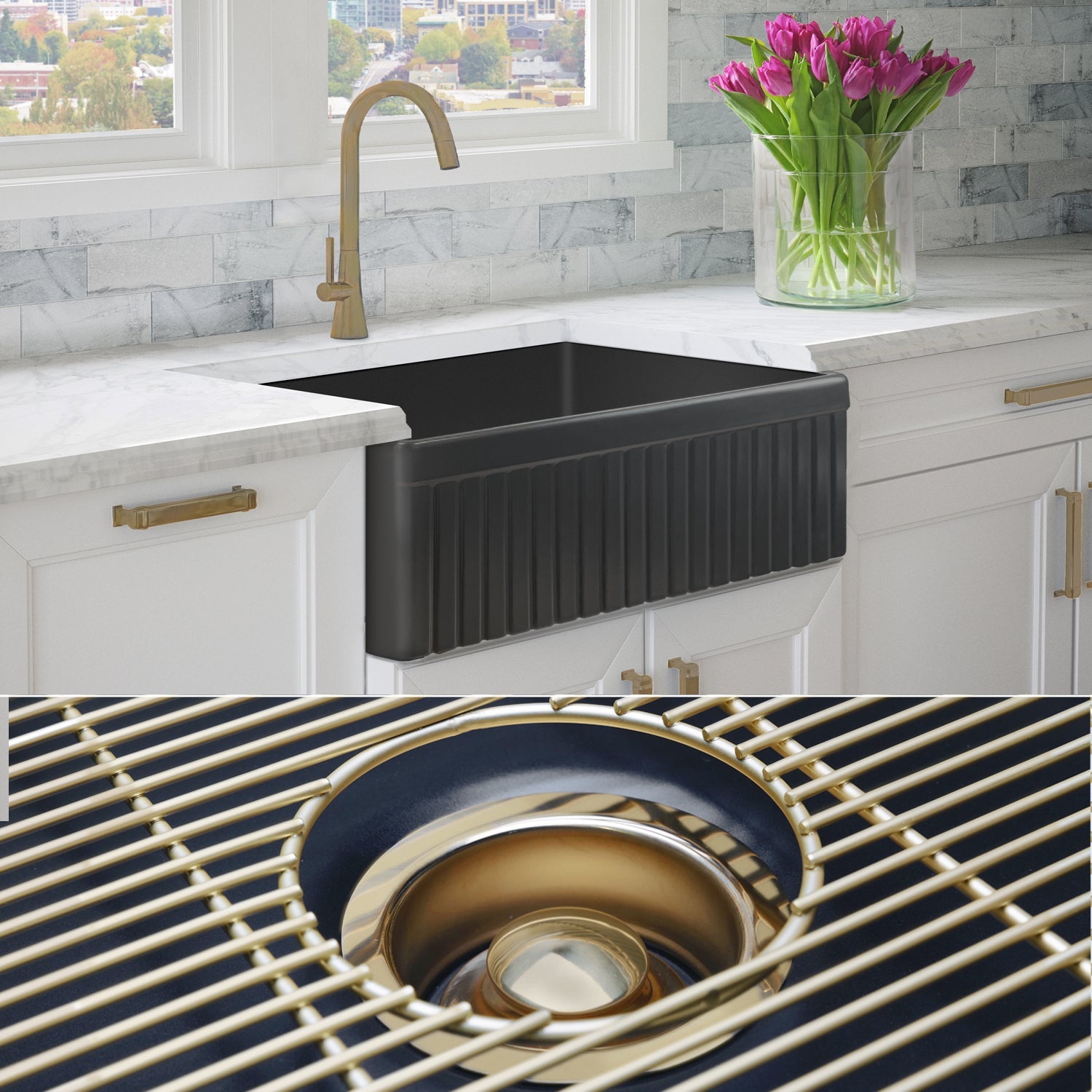 FSW1027BB LUXURY 33-INCH SOLID FIRECLAY FARMHOUSE SINK, MATTE BLACK, MATTE GOLD ACCS, FLUTED FRONT