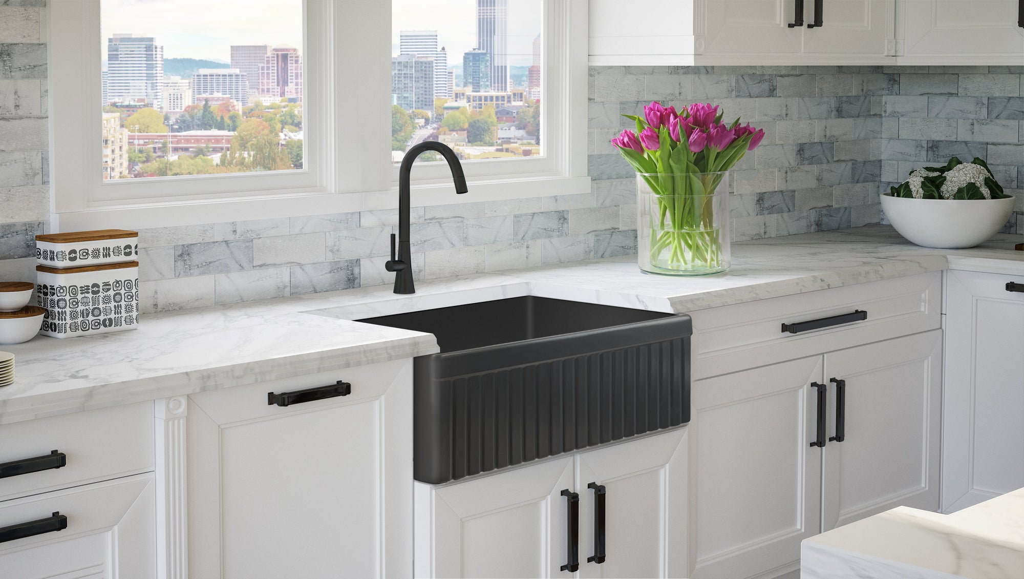 FSW1027MB LUXURY 33-INCH SOLID FIRECLAY FARMHOUSE SINK, MATTE BLACK, MATTE BLACK ACCS, FLUTED FRONT