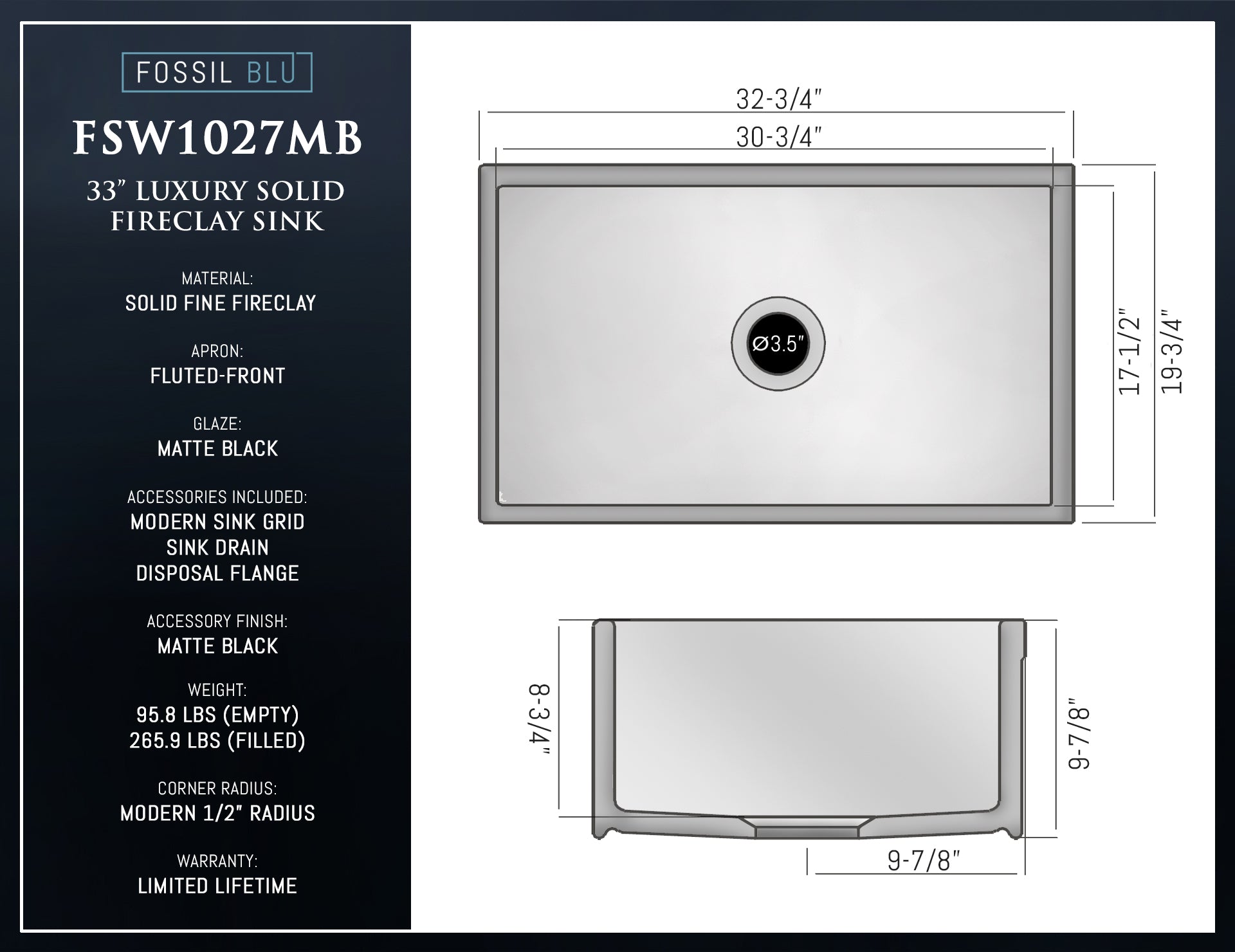 FSW1027MB LUXURY 33-INCH SOLID FIRECLAY FARMHOUSE SINK, MATTE BLACK, MATTE BLACK ACCS, FLUTED FRONT