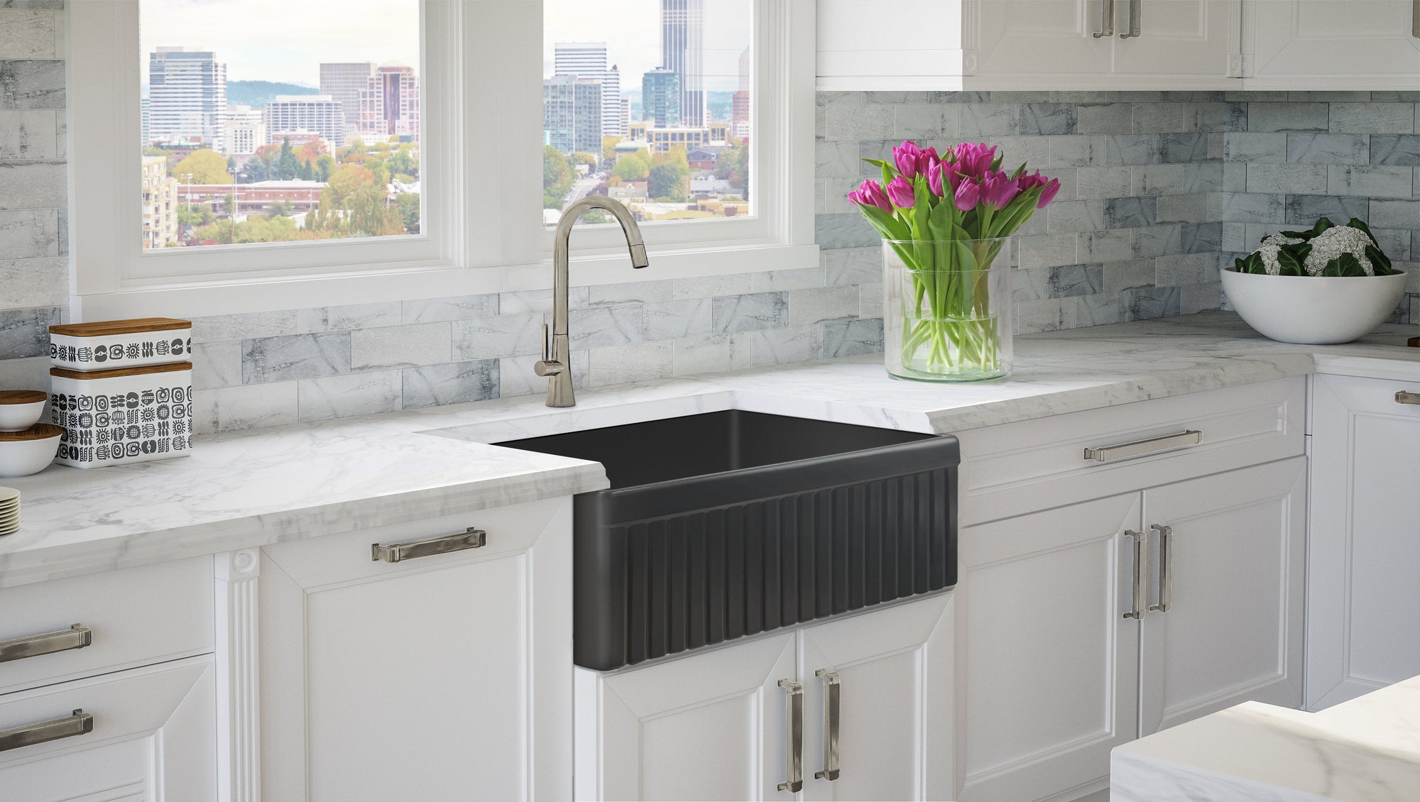 FSW1027PN LUXURY 33-INCH SOLID FIRECLAY FARMHOUSE SINK, MATTE BLACK, POL. NICKEL ACCS, FLUTED FRONT