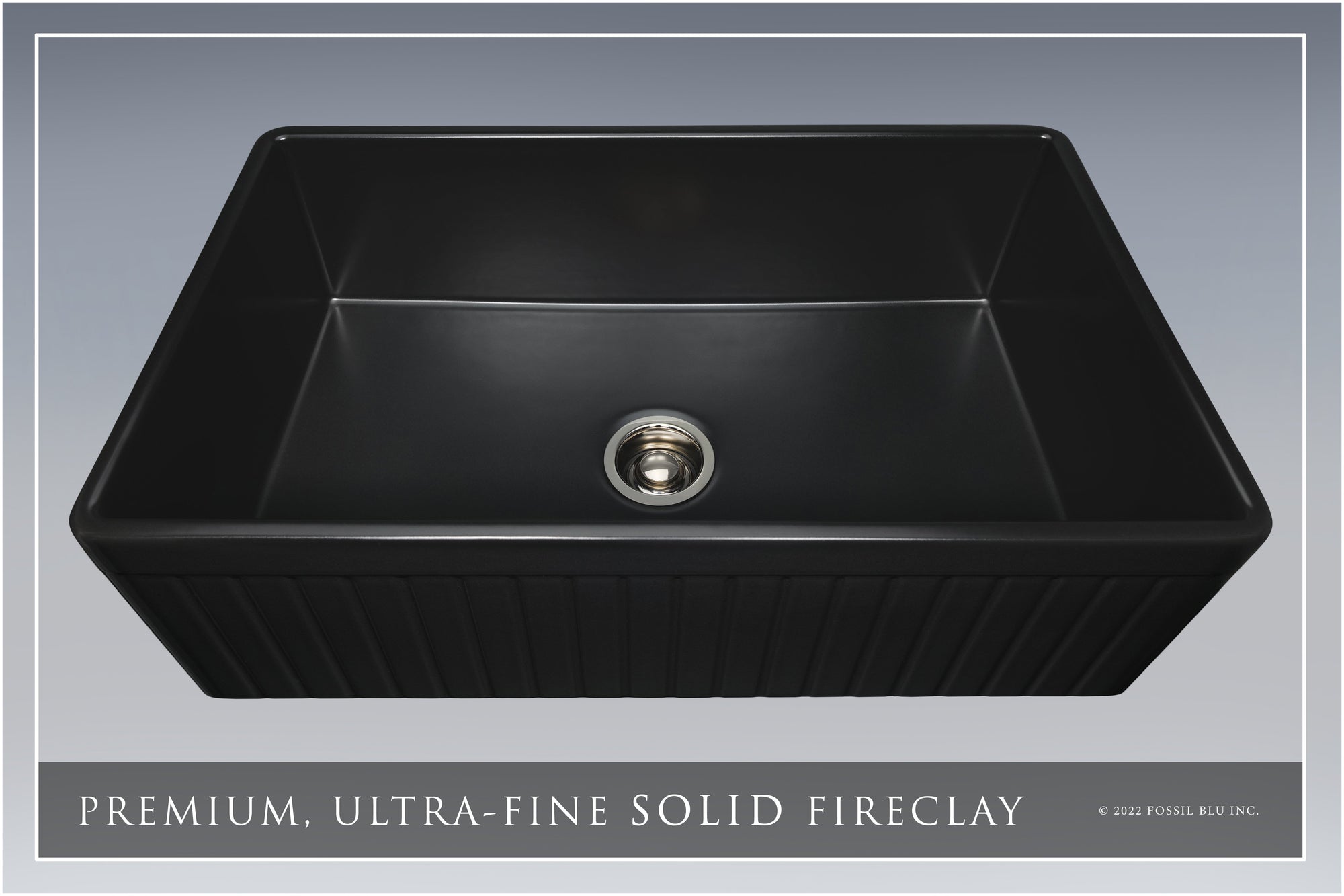 FSW1027PN LUXURY 33-INCH SOLID FIRECLAY FARMHOUSE SINK, MATTE BLACK, POL. NICKEL ACCS, FLUTED FRONT