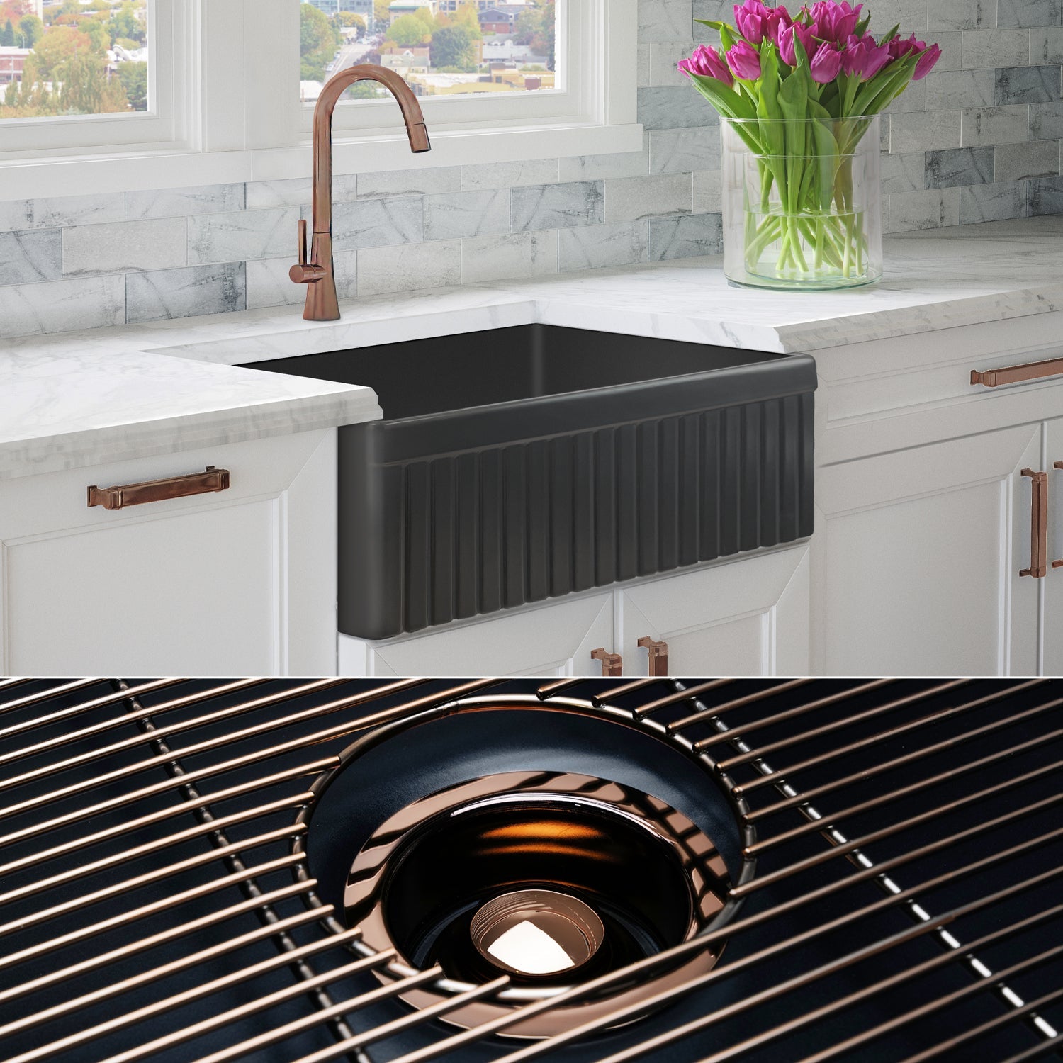 FSW1027RG LUX 33-INCH SOLID FIRECLAY FARMHOUSE SINK, MATTE BLACK, POL. ROSE GOLD ACCS, FLUTED FRONT