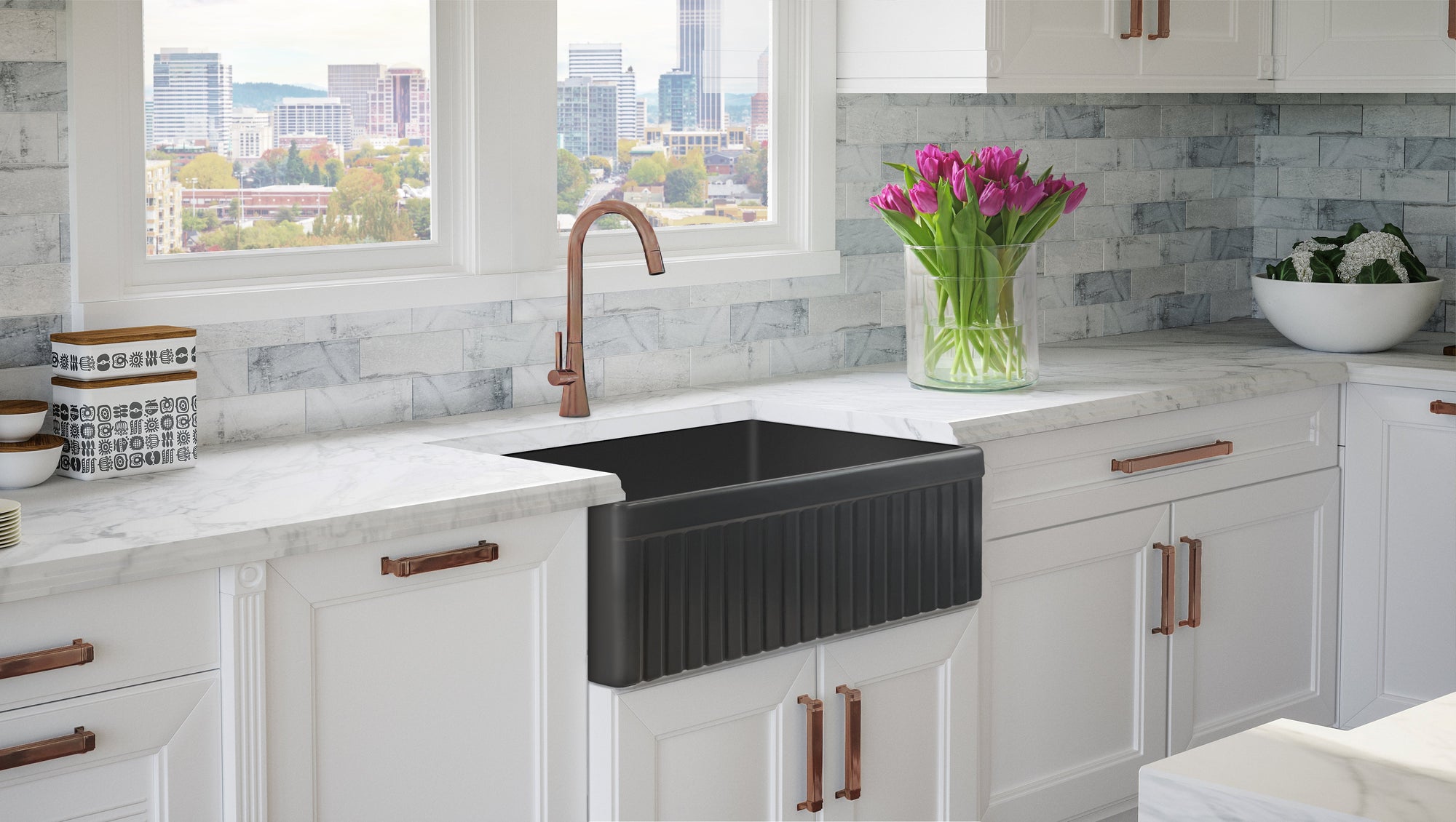 FSW1027RG LUX 33-INCH SOLID FIRECLAY FARMHOUSE SINK, MATTE BLACK, POL. ROSE GOLD ACCS, FLUTED FRONT